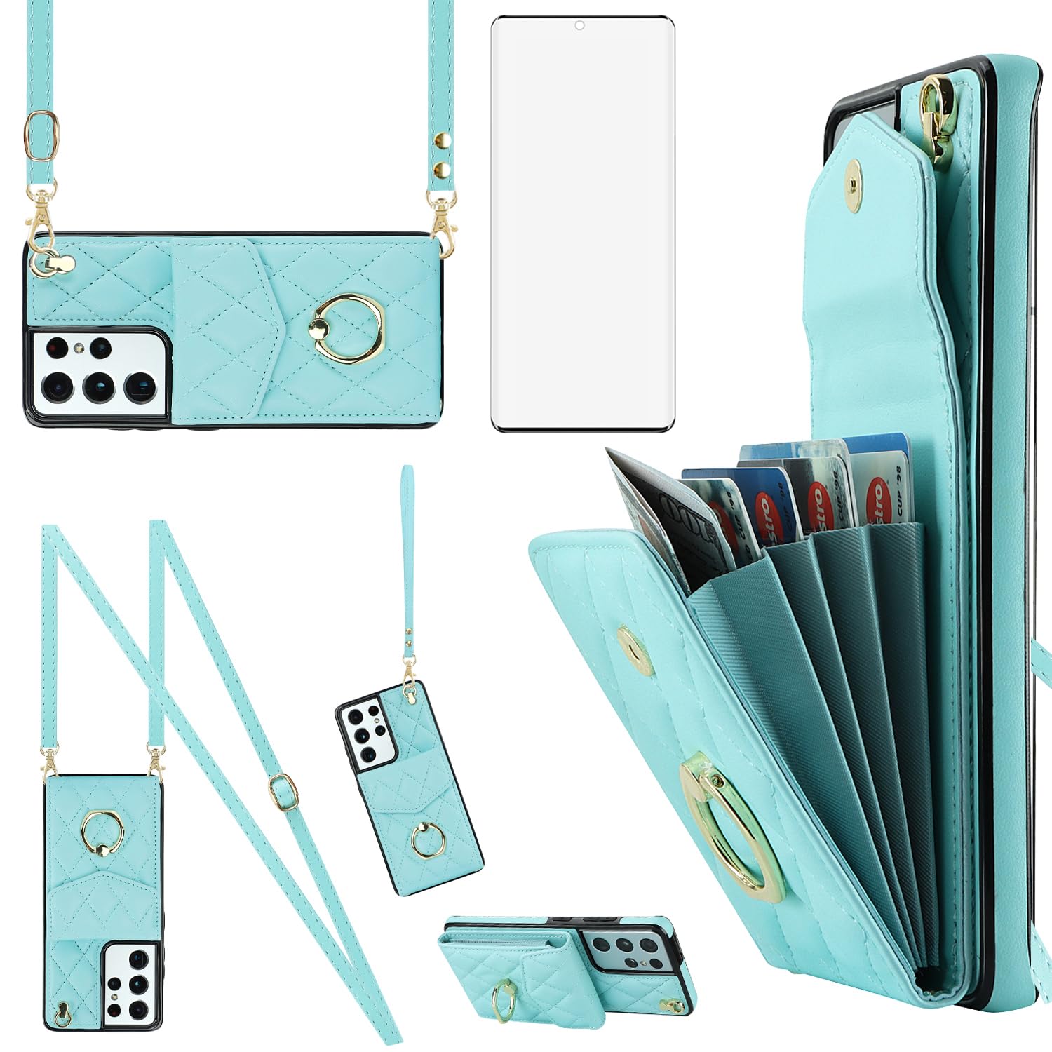 Asuwish Phone Case for Samsung Galaxy S21 Ultra 5G Wallet Cover with Tempered Glass Screen Protector and Wrist Strap Ring RFID Blocking Credit Card