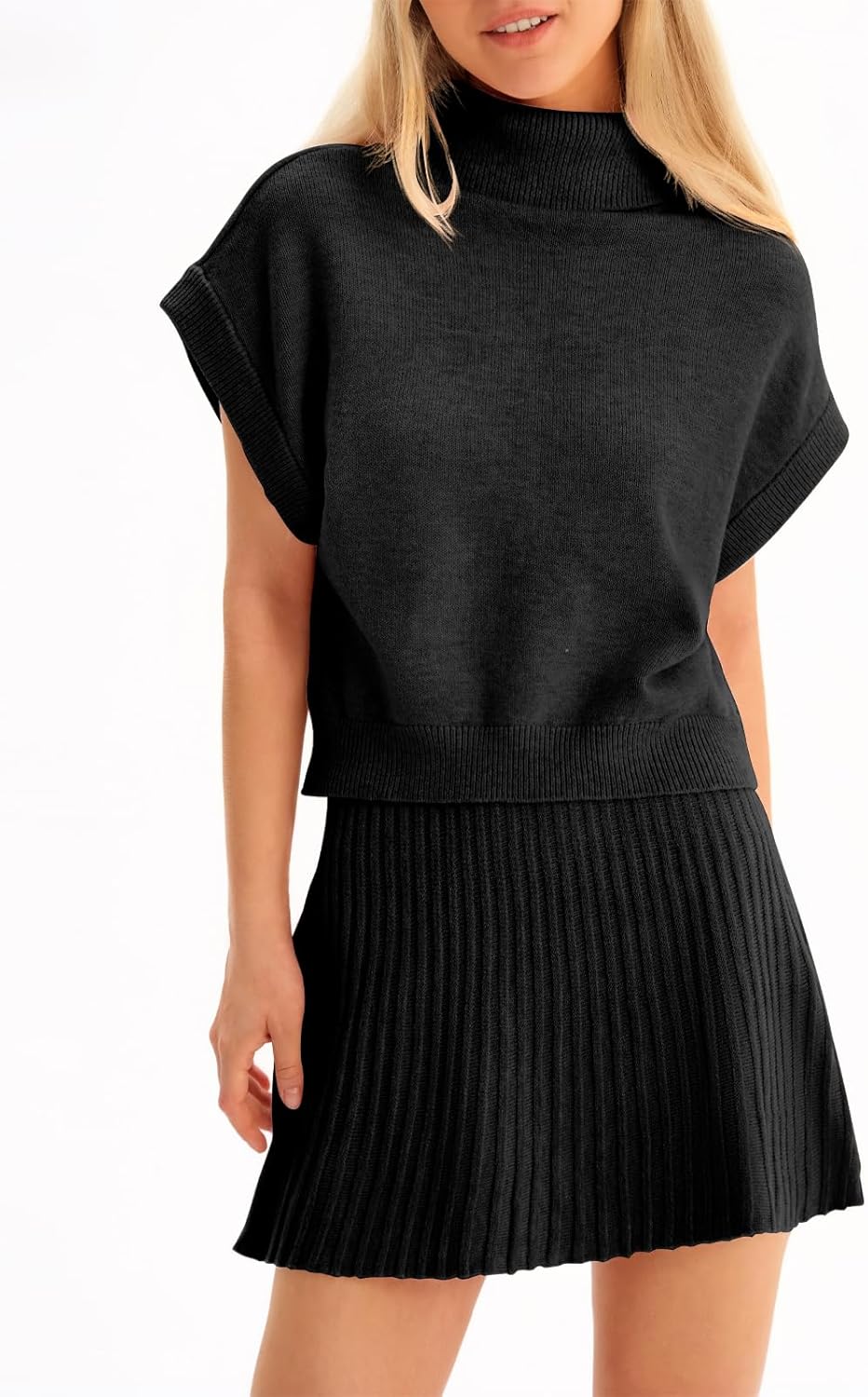 Tankaneo Womens Skirt 2 Piece Sets Sweater Set 2025 Turtleneck Cap Sleeve Crop Top and Pleated Mini Skirt Travel Outfits - Image 4