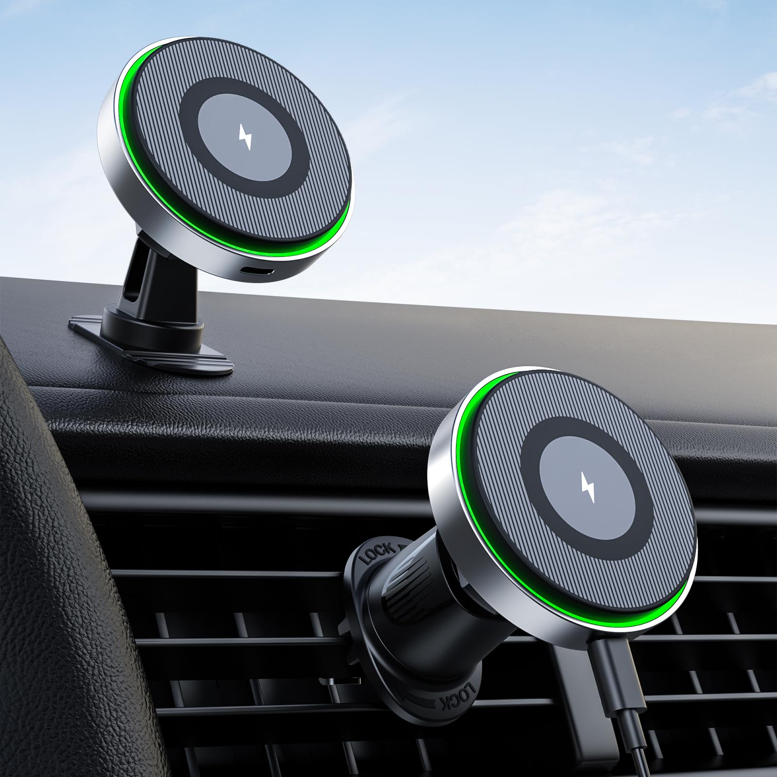 TIKECO for Magsafe Car Mount Charger 15W Fast Charging Wireless Car Charger with Strong Magnetic Air Vent Phone Holder Mount for iPhone 15 14 13 12 Pro Max Mini Plus LED Light