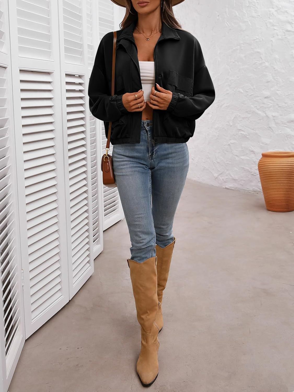 FLYCURVY Women's Cropped Oversized Safari Jackets Zip Up Stand Collar Neck Long Sleeve Utility Anorak jacket with Pocket - Image 5