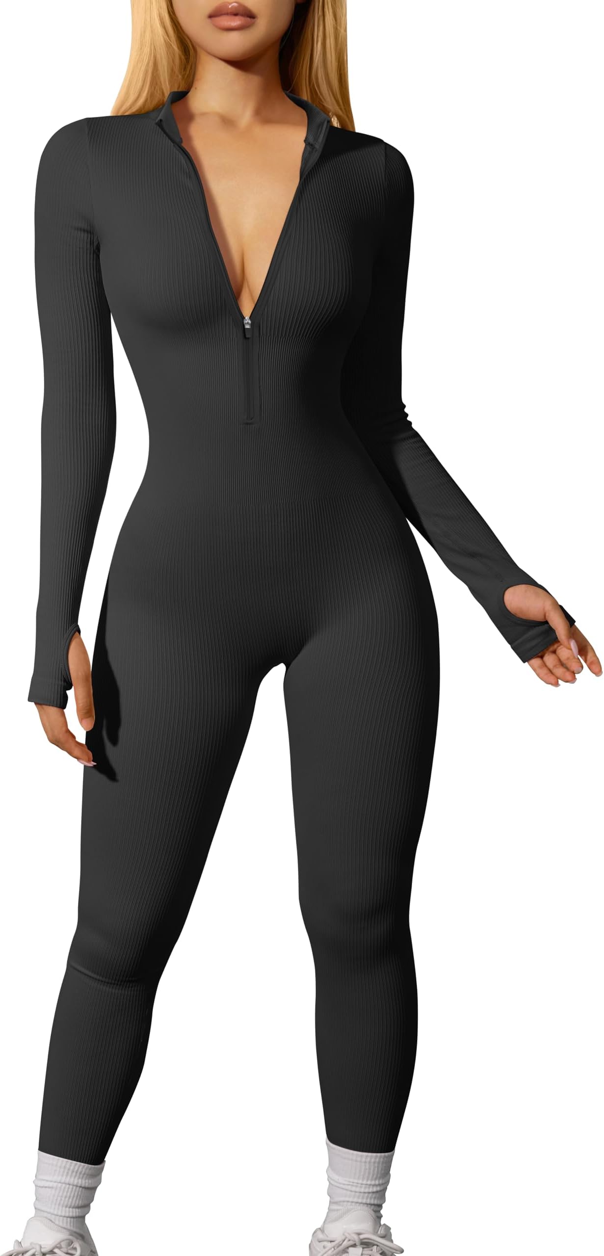 Women Yoga Jumpsuits Workout Ribbed Long Sleeve Zip Front Sport Jumpsuits