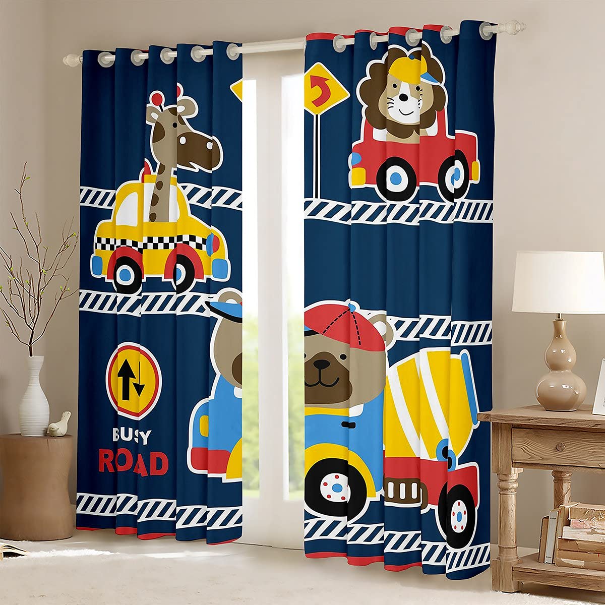 Loussiesd Kids Cartoon Cars Window Curtains for Bedroom Living Room Busy Road Curtains Cute Animal Driver Window Drapes for Boys Girls Children Colorful Toddler Vehicles Window Treatments W46*L54 - Image 2