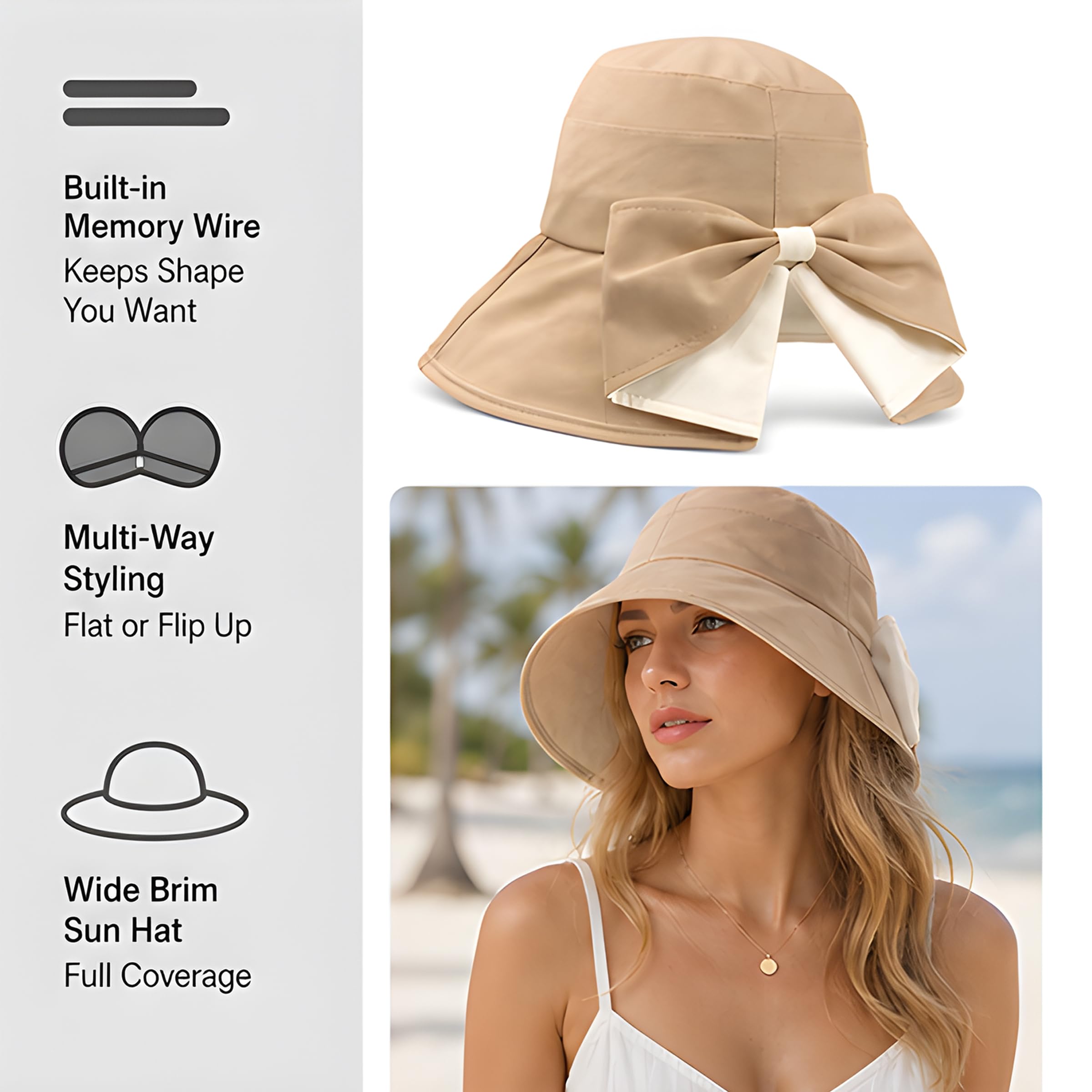 Cappello da donna con fiocco a tesa larga, protezione solare a 360° dai raggi UV e dal sole, cappello pieghevole a coda di cavallo, regolabile, ripiegabile, capanna estiva da spiaggia con