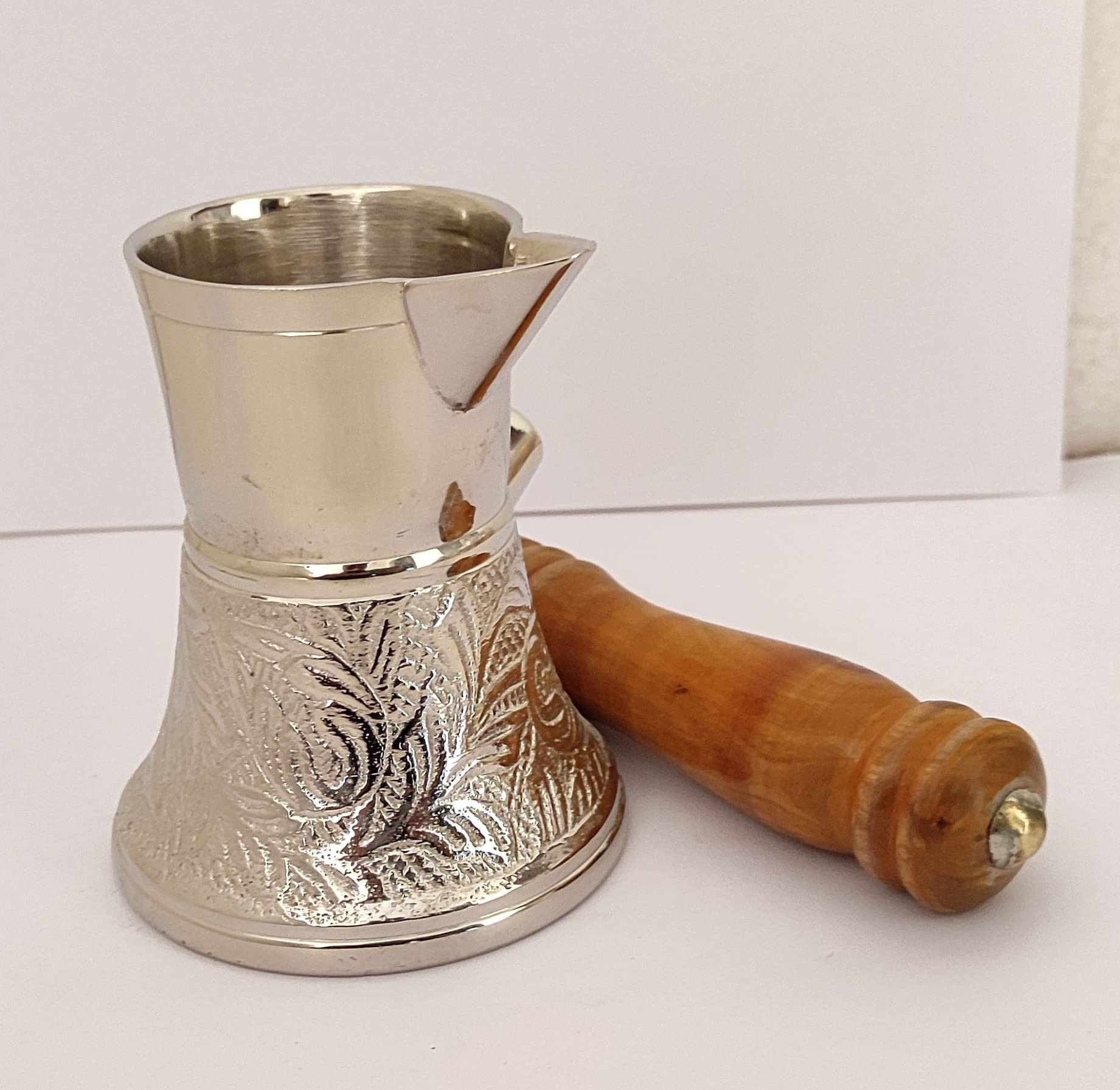 Sharvgun Tureckie greckie liście arabskie srebrny odcień mosiężny dzbanek do kawy płyta kuchenna ekspres do kawy Cezve Ibrik Briki z drewnianym uchwytem 140 ml