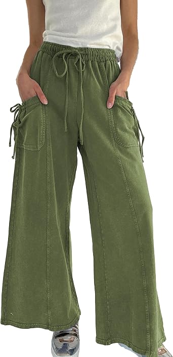 Womens Wide Leg Pants Elastic High Waist Drawstring Casual Loose Trousers with Pockets for Daily Wear