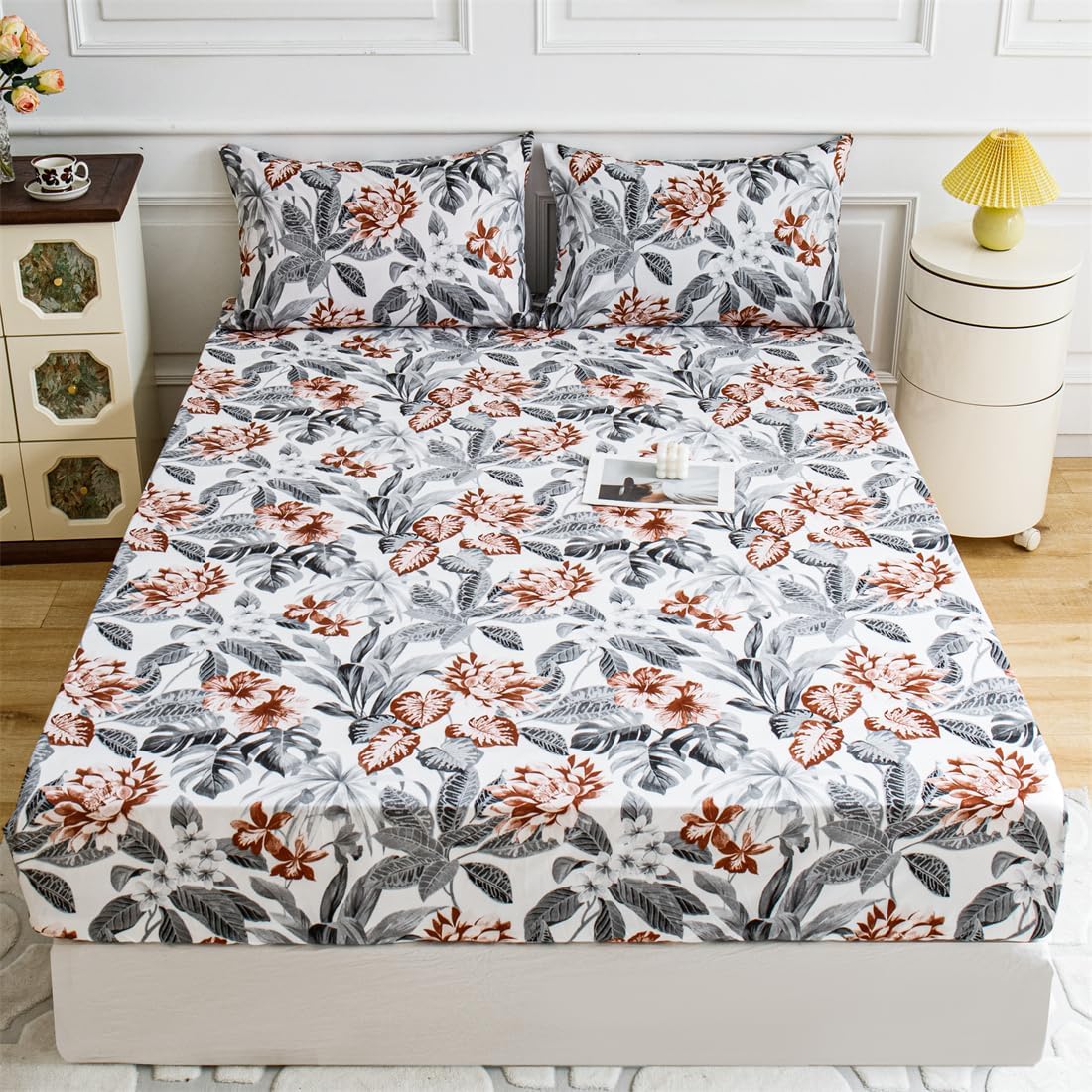 Floral Fitted Sheet with Pillowcase, 3-Pieces Brushed Microfiber Soft Bed Fitted Sheets Only, 11" Deep Pocket Fitted Bottom Sheet, Ultra Soft, and Fade Resistant (06, Twin 39"x75")