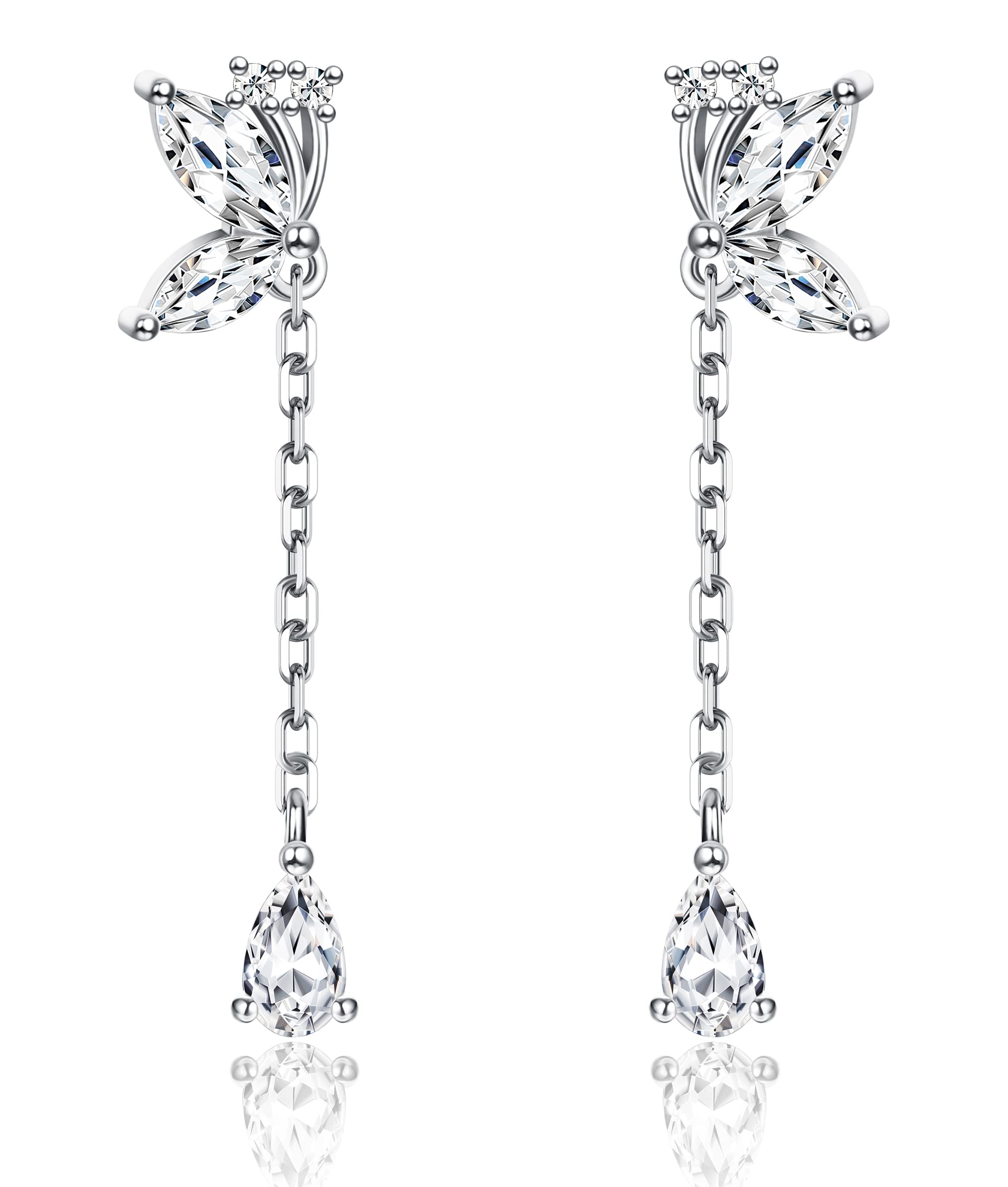JeweBellaPequeña Pendientes de Mariposa Plata 925 para Mujer Niña Hipoalérgico Pendientes Colgantes con Cadena Zirconia Pendientes de Cartílago Pendientes Plata/Oro/Oro Rosa
