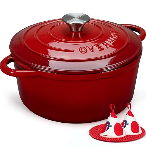 Overmont 5.5QT Enameled Cast Iron Dutch Oven with Lid Cookbook Heavy-Duty Casserole with Dual handles for Braising, Stews, Roasting, Bread Baking - 5.5 Quart - Cherry red