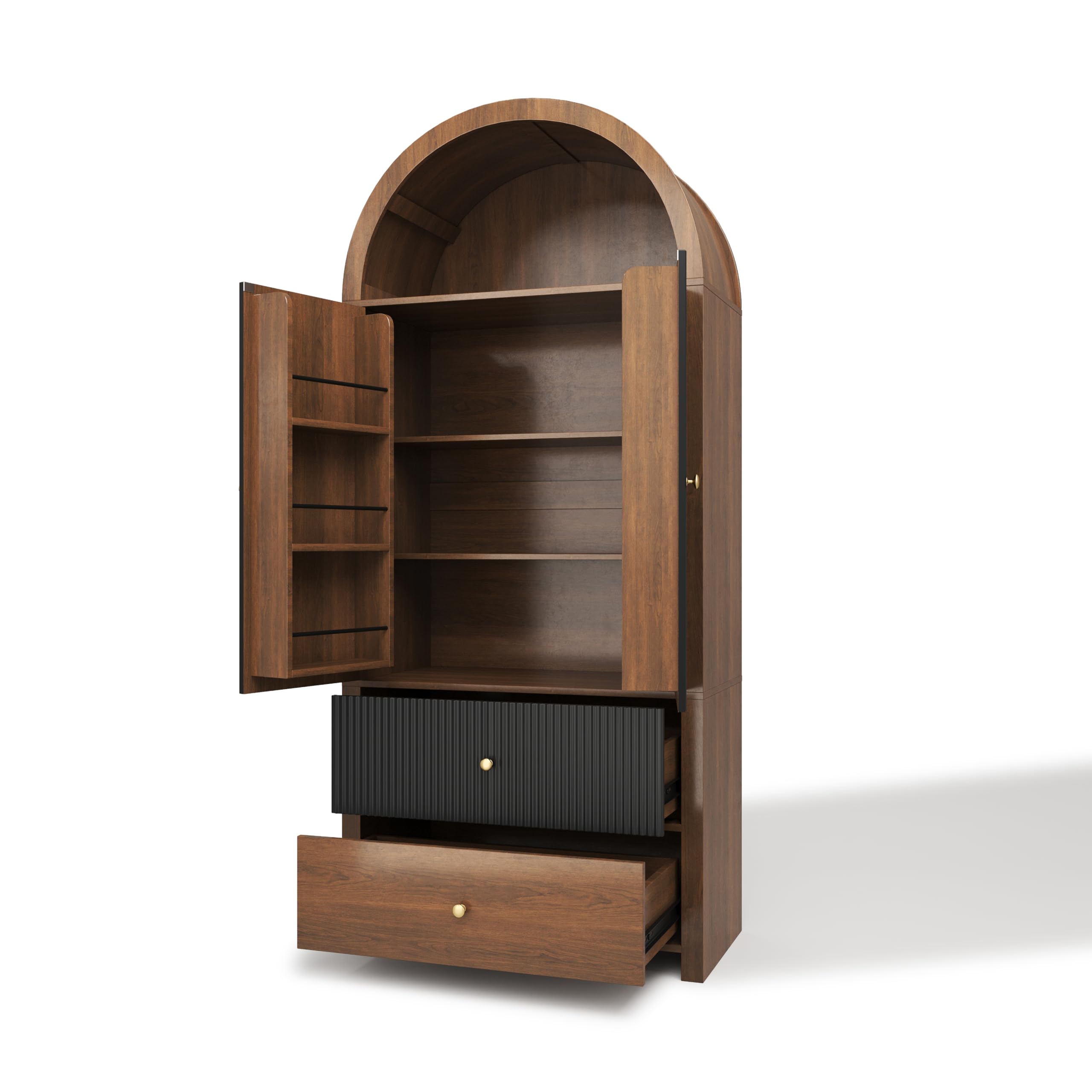 Armario arqueado 180 × 80 × 40 cm, vitrina, armario para vino, con estantes para puerta, compartimento superior abierto, 2 cajones, para cocina, comedor, salón, dormitorio, aspecto de nogal