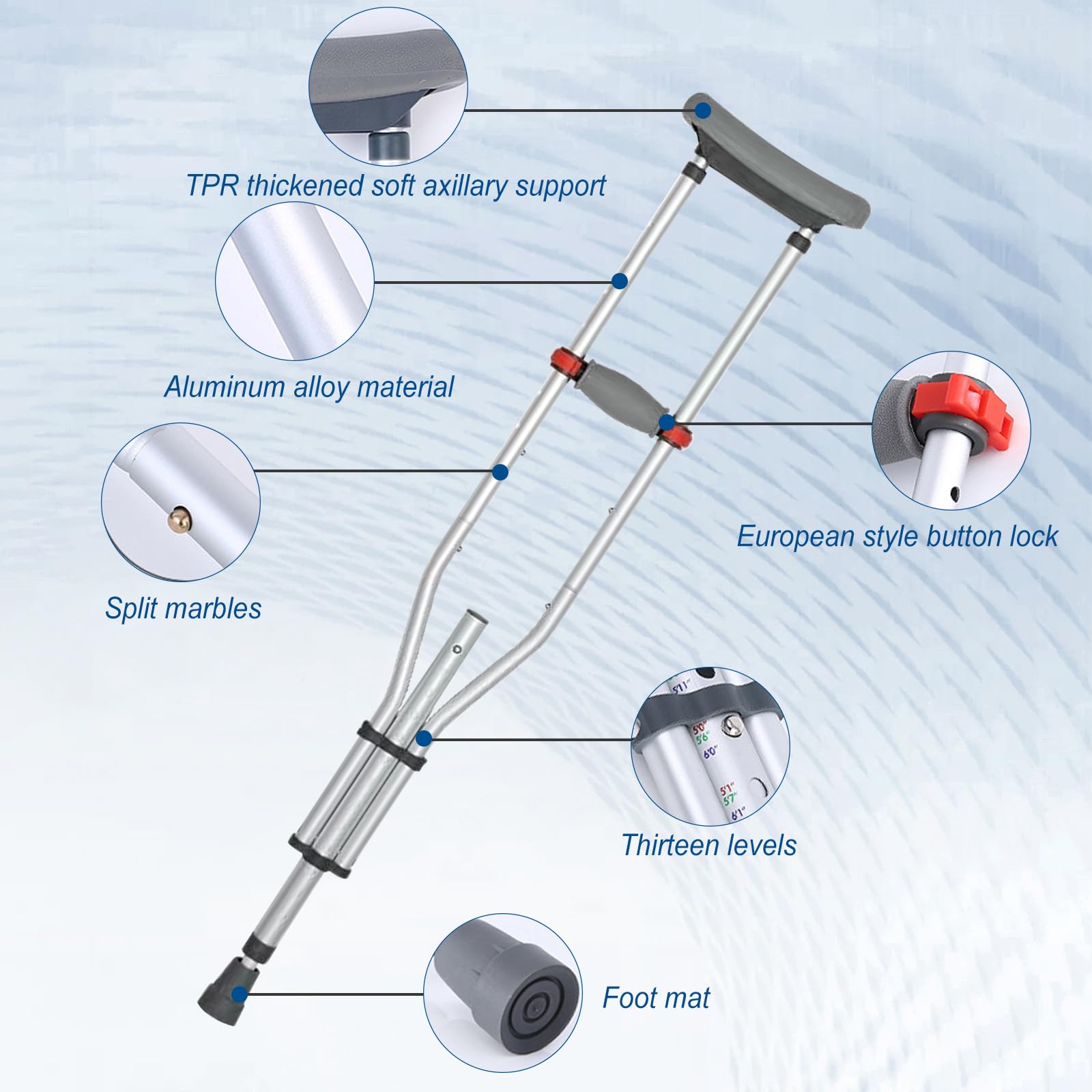 1 paire de béquilles en aluminium avec poignées souples, hauteur réglable, capacité de charge de 150 kg, béquilles pliables pour personnes handicapées après des blessures aux jambes