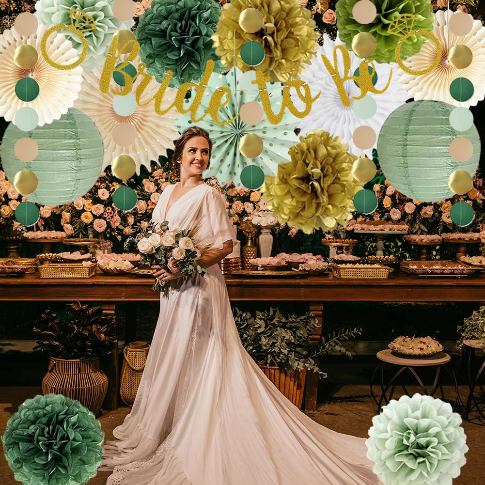Décorations de fête prénuptiale vert sauge, décorations de fête d' enterrement de vie de jeune fille, toile de fond « Bride to Be », ballons de fête prénuptiale, pompons en papier pour fête