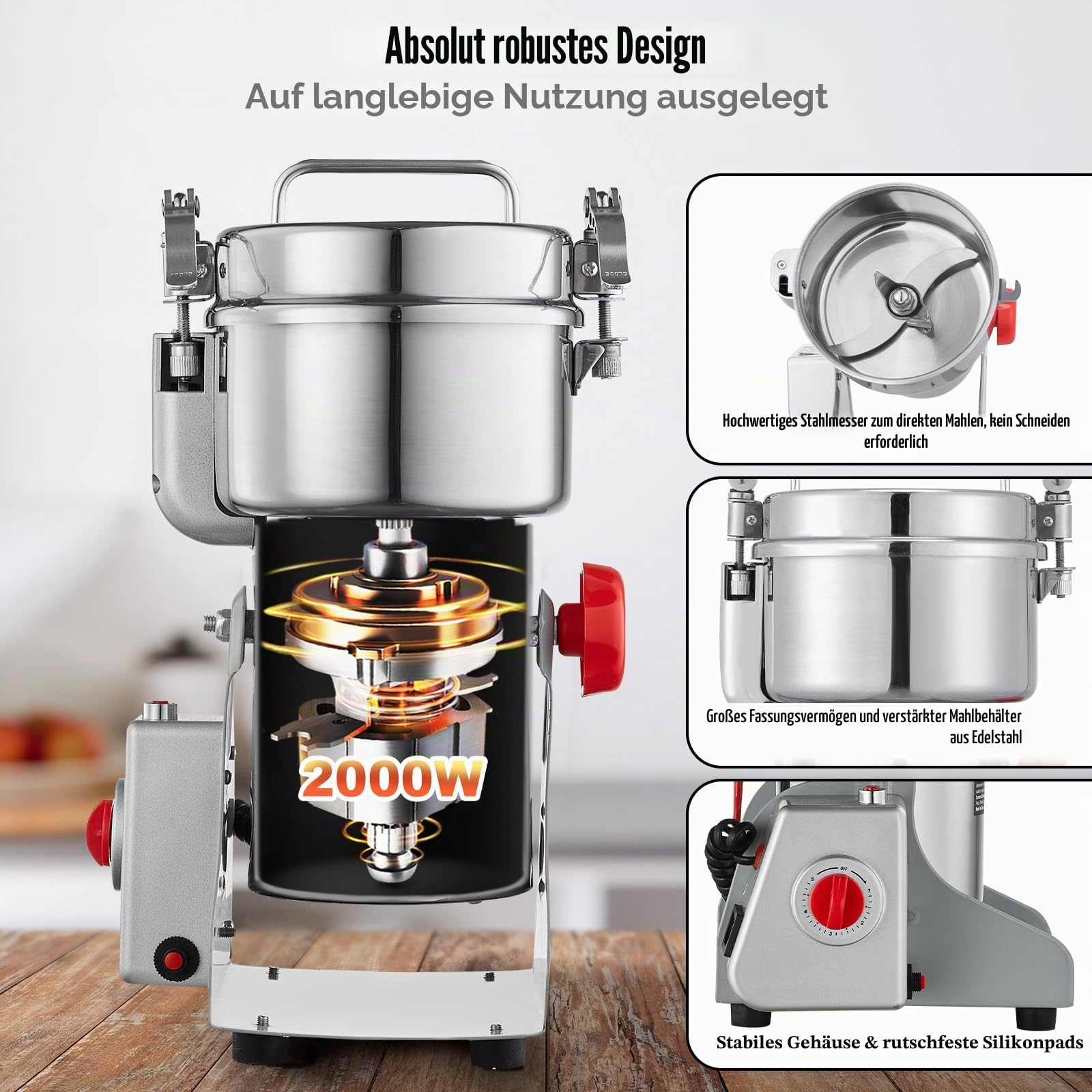 VEVOR elektrische Getreidemühle Hochgeschwindigkeits-Gewürzmühle 500 g mit 2000 W, Pulverisiermaschine aus Edelstahl, für trockene Körner Gewürze Müsli Kaffee Mais Pfeffer Schwenktyp 22 x 19 x 36 cm