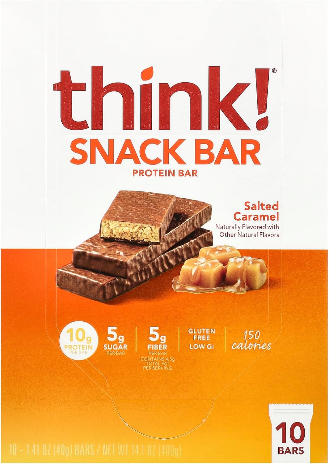 think! (thinkThin) Protein+ 150 Calorie Bars - Salted Caramel, 10g Protein, 5g Sugar, No Artificial Sweeteners**, Gluten Free, GMO Free*, 1.4 oz bar (10 Count - Packaging May Vary)