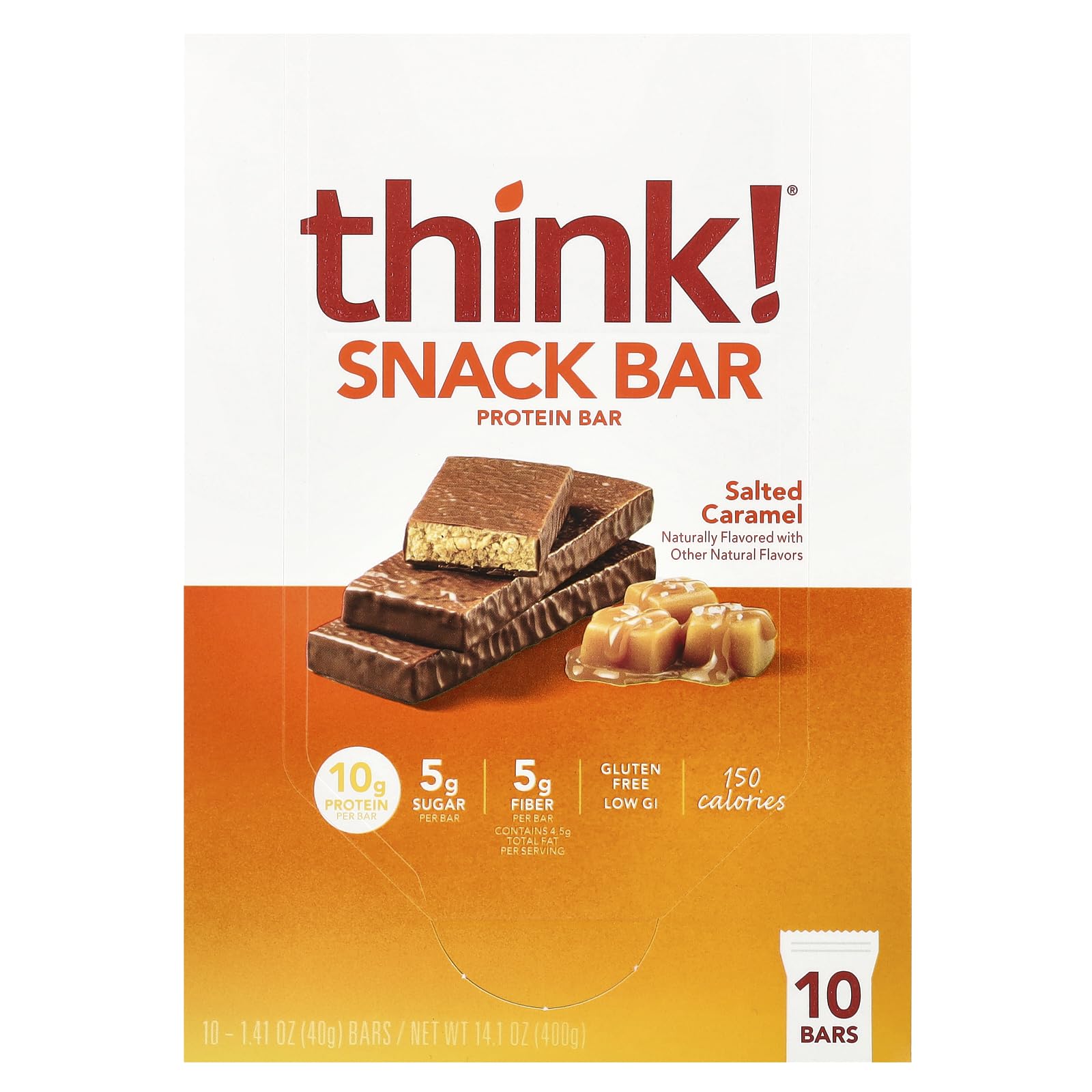 think! (thinkThin) Protein+ 150 Calorie Bars - Salted Caramel, 10g Protein, 5g Sugar, No Artificial Sweeteners**, Gluten Free, GMO Free*, 1.4 oz bar (