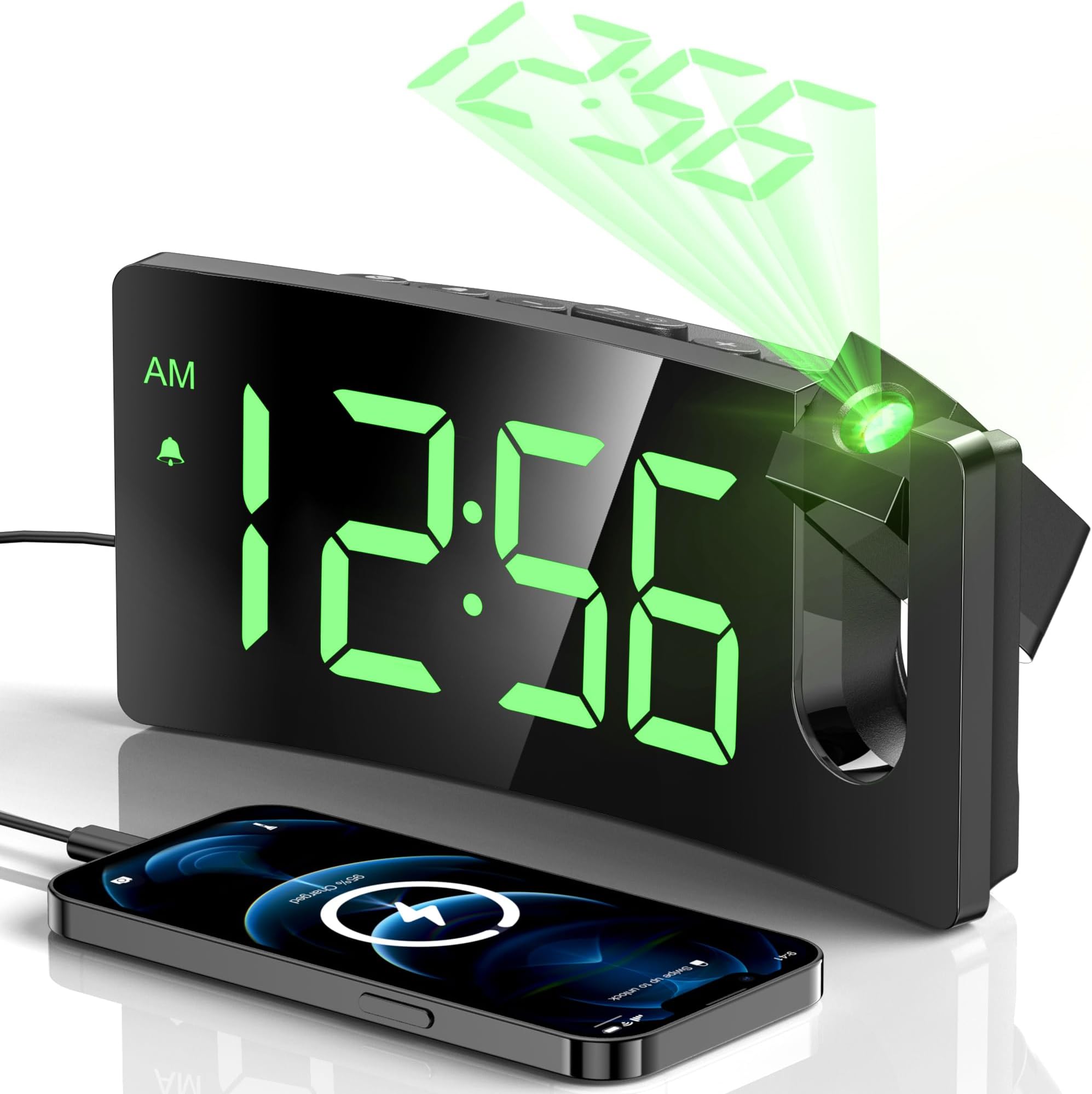 Projection Alarm Clock, Digital Clock with 180° Rotatable Projector, 3-Level Brightness Dimmer, Clear LED Display, USB Charger, Progressive Volume, 9mins Snooze,12/24H, Digital Alarm Clock for Bedroom