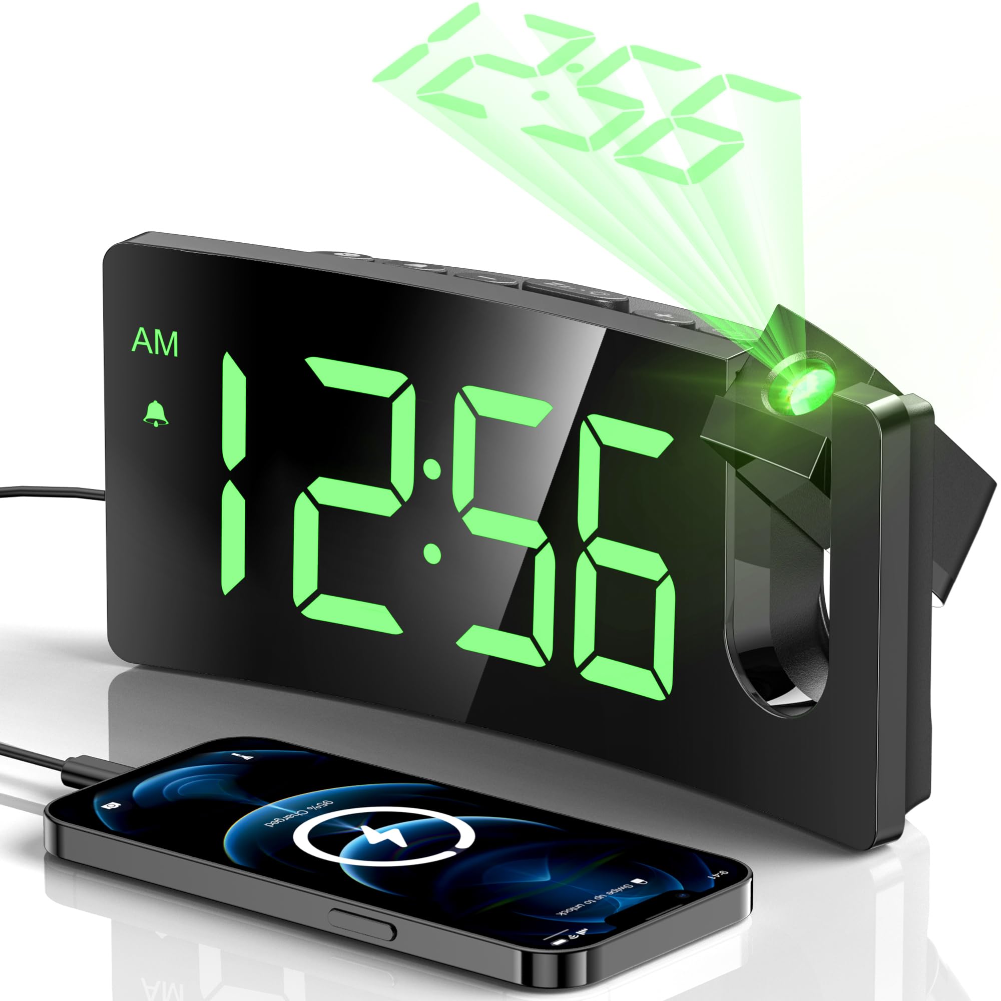 GOLOZA Projection Alarm Clock, Digital Clock with 180° Rotating Projector, 3-Level Brightness Dimmer, Clear LED Display, USB Charger, Progressive Volume, 9-Minute Snooze