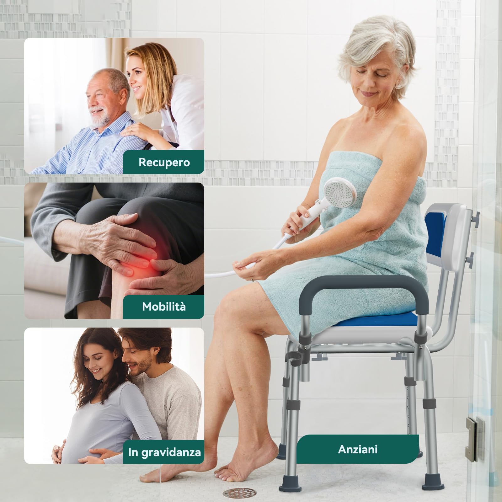 Sedia Doccia Regolabile con Braccioli – Sedile Doccia Antiscivolo a Forma di U con Schienale e Braccioli Imbottiti, Sgabello da Bagno Leggero per Anziani, Disabili e Recupero