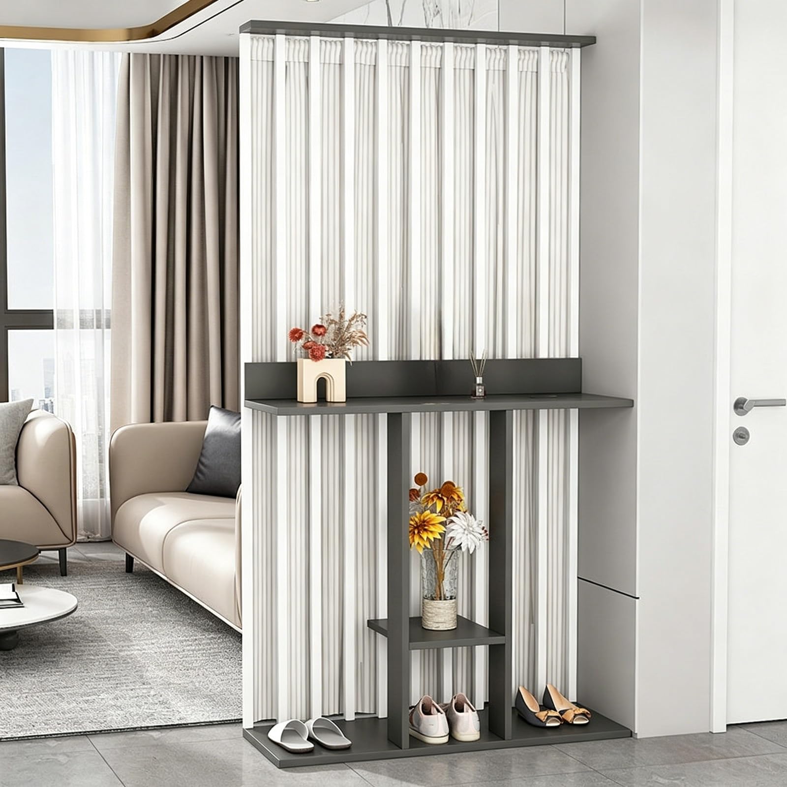 Wall Room Divider, Freestanding Slatted Partition with Shelves, Modern Slim Privacy Screen for Entryway, Living Room and Hallway(White+Gray (Curtain),100cm)