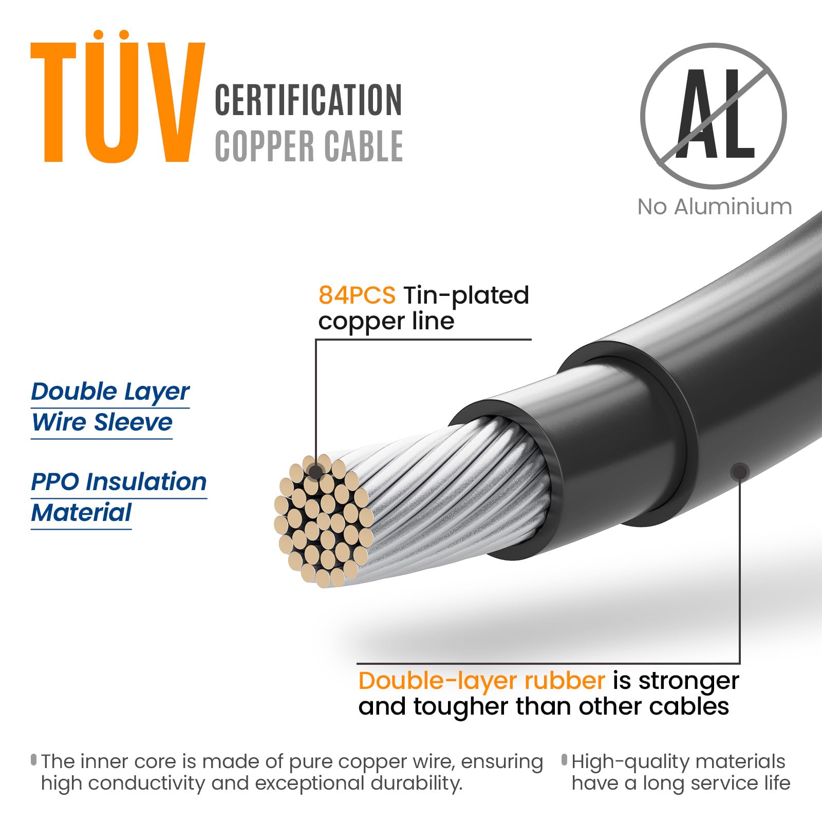 Cable de extensión de panel solar de 10 AWG, 6 mm², 20 pies, cable fotovoltaico de cobre con funda, IP67 impermeable, ignífugo, cable solar para exteriores para paneles solares y sistemas de