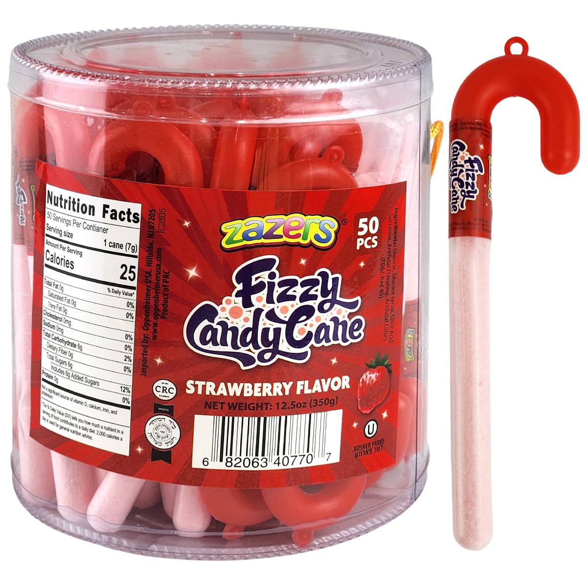 Zazers Fizzy Candy Canes, 50 Pack of Strawberry Powder