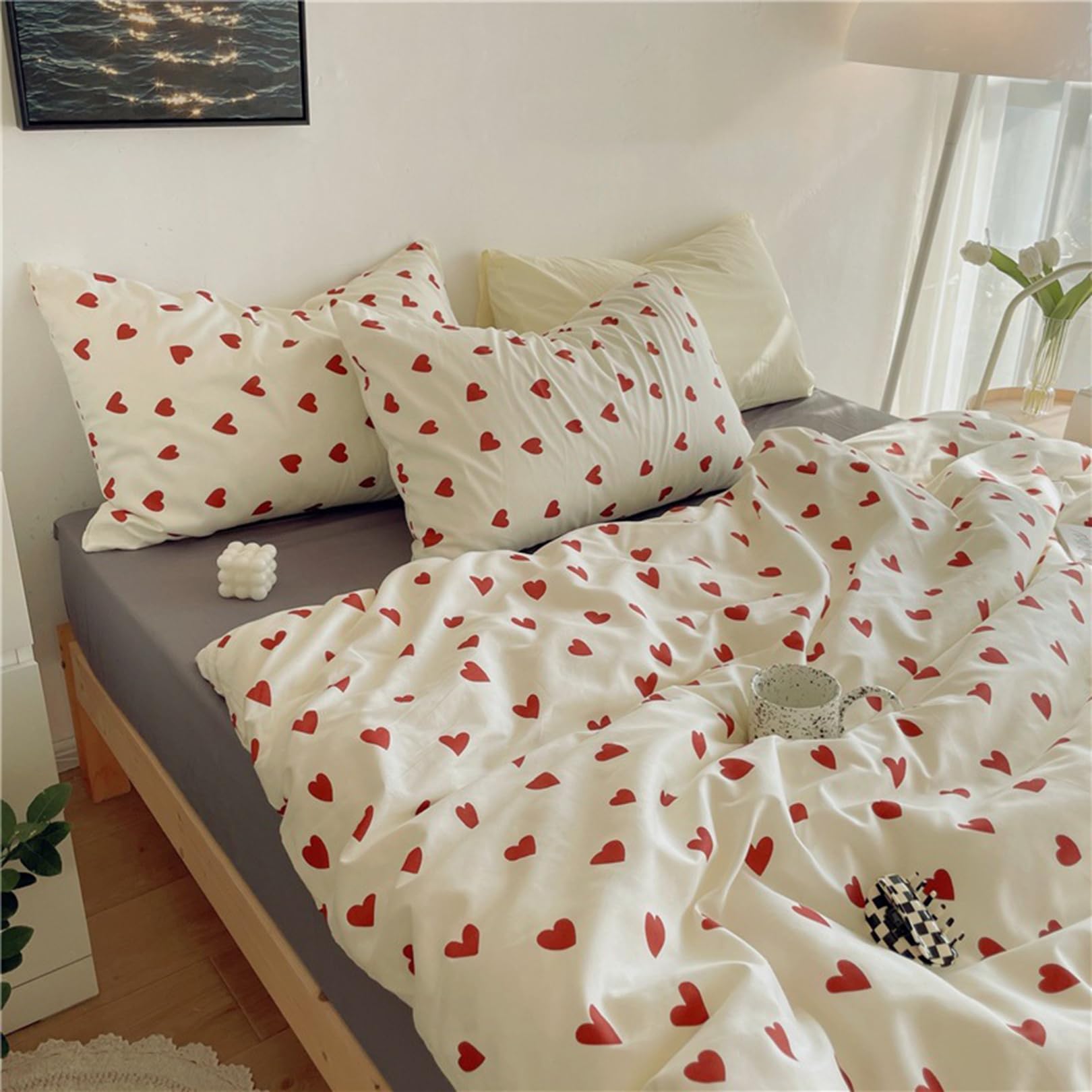 ALEjon "Juego de Funda nórdica Reversible con diseño de corazón - Rojo Vibrante, Cierre de Cremallera - Conjunto de Ropa de Cama de 4 Piezas con 2 Fundas de Almohada - Tamaño: 220x240