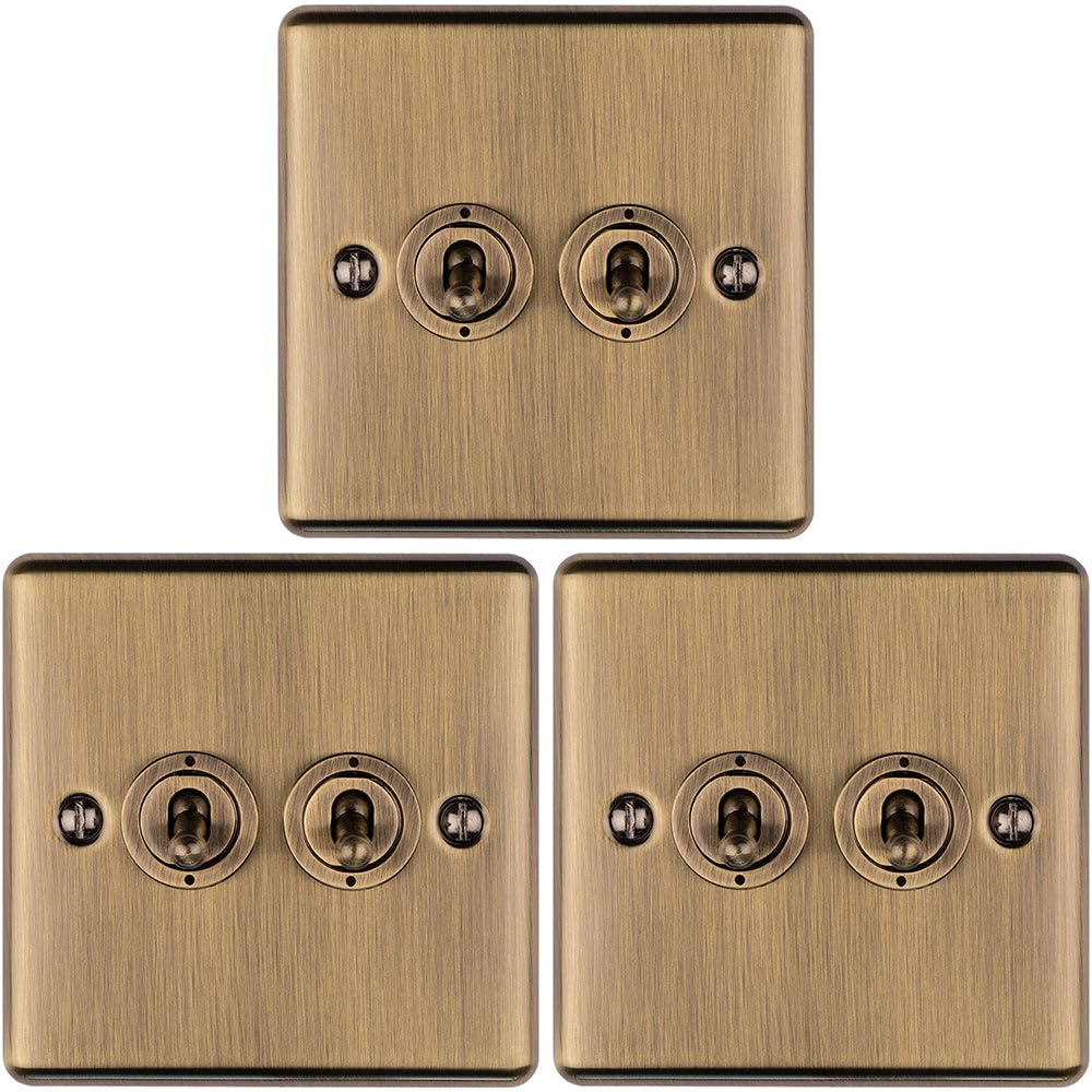 B&Q -  3 Pack 2 Gang Double Retro Toggle Light Switch Antique Brass 10A 2 Way Plate