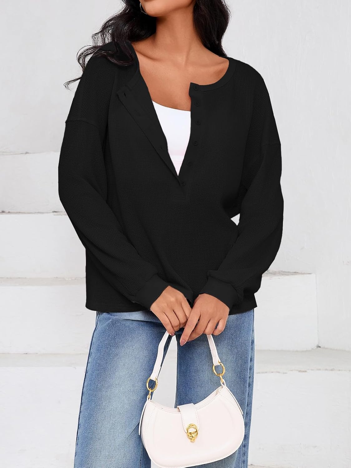 Fisoew Womens Cropped Sweatshirt Casual Waffle Knit Button V Neck Long Sleeve Loose Fit Fall Crop Tops - Image 2