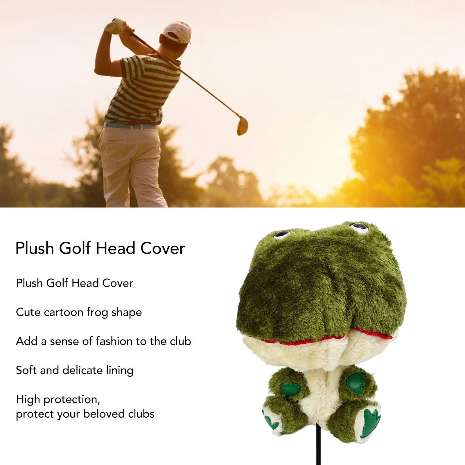 Housse de tête de Golf en Peluche pour Driver, protège-Club sans Fil à l’effigie d’Une Adorable Grenouille de Dessin animé, Doublure Douce et Clip intégré pour Un Maintien sûr,