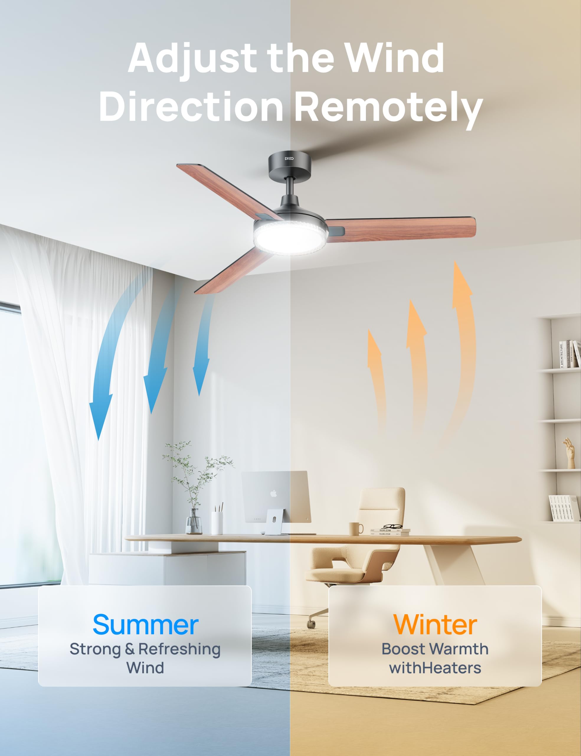 Dreo Inteligentny wentylator sufitowy 132 cm ze światłem, 12 prędkości i 3 trybami, regulowana temperatura, ściemniana dioda LED, timer 1-12 h, cichy silnik prądu stałego, aplikacja, Alexa i