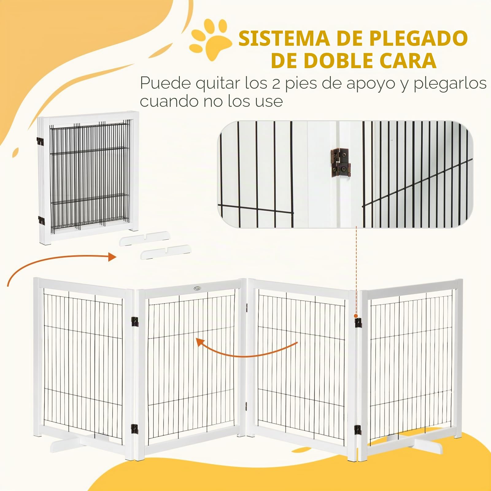PawHut Barrera para Perros con pies, 305 x 82 cm, Madera, Plegable, para escaleras, Puertas, pasillos, 4 Paneles, Color Blanco