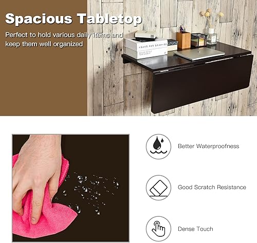 Miniatura 34 de COSTWAY Mesa plegable montada en la pared, 31.5 x 23.5 pulgadas, escritorio flotante de hojas caídas para espacios pequeños, estación de trabajo