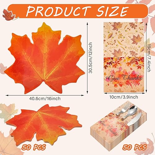 Miniatura 2 de Tenceur 100 manteles individuales de hojas de otoño y soporte para cubiertos de Acción de Gracias, hojas de arce, manteles individuales de papel de