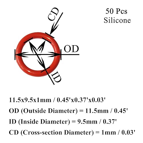 Miniatura 2 de 50 piezas Juntas tóricas de silicona rojas de 0.453 in de diámetro exterior 0.374 in de diámetro interior, 0.039 in de ancho, junta métrica de