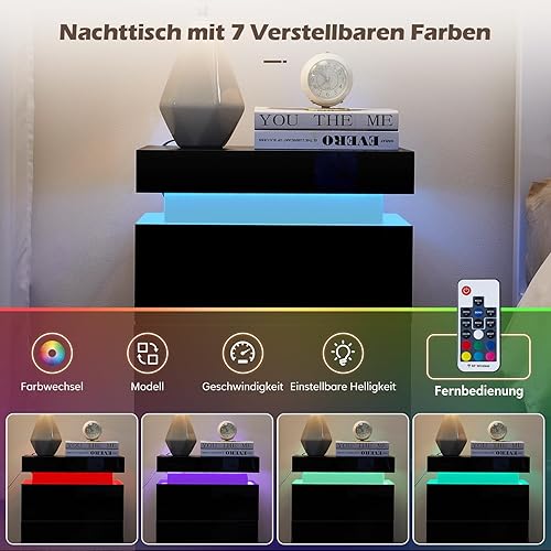 Miniatura 4 de TUKAILAi Juego de 2 mesitas de noche modernas con luz LED, 3 cajones de alto brillo, mesita de noche para dormitorio, sala de estar (negro)