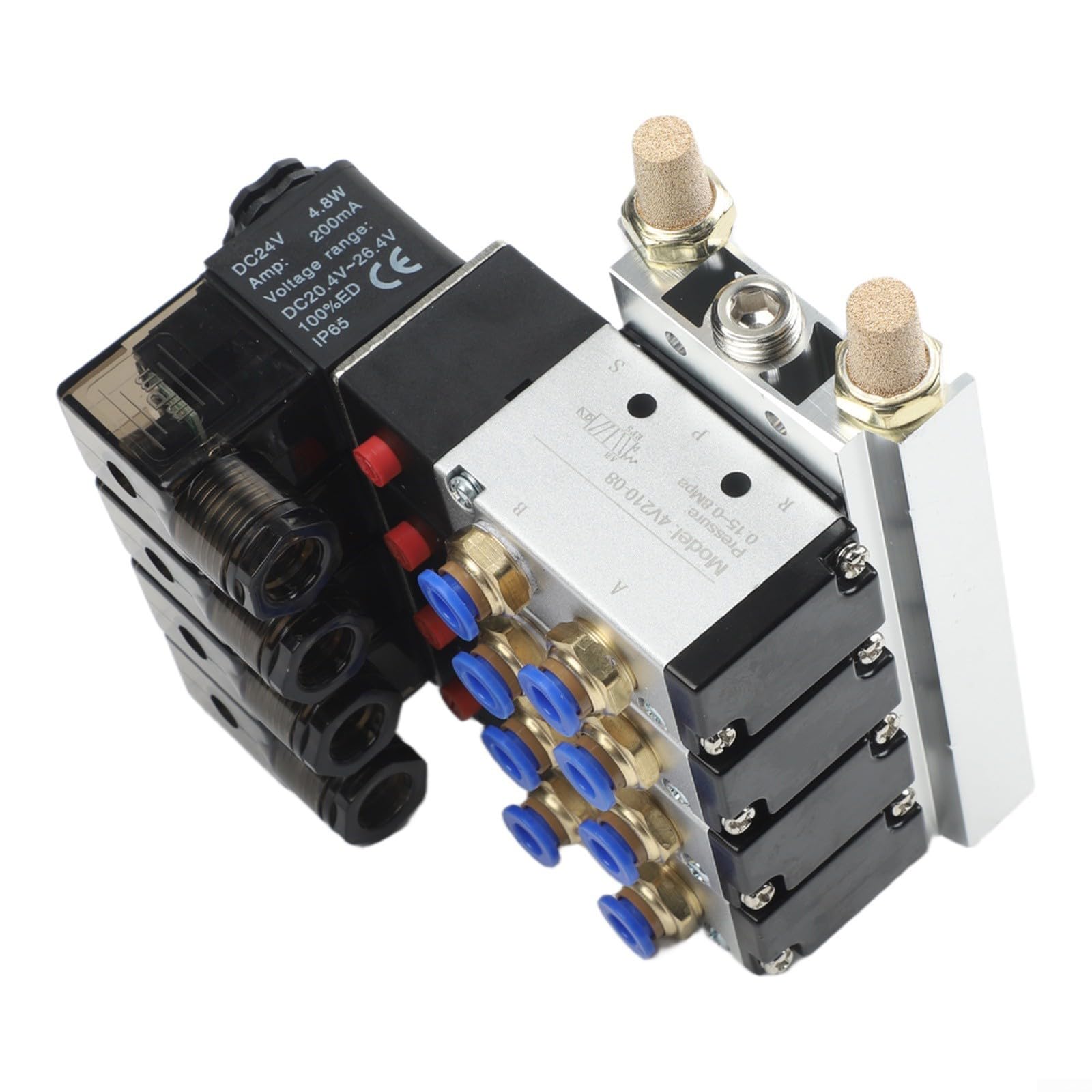 Electroválvula neumática 4V210-08, válvula de 5/2 vías con aleación de aluminio, DC 24 V, conexión rápida de 1/4 pulgadas, incluye base y silenciador para automatización industrial (4 unidades)