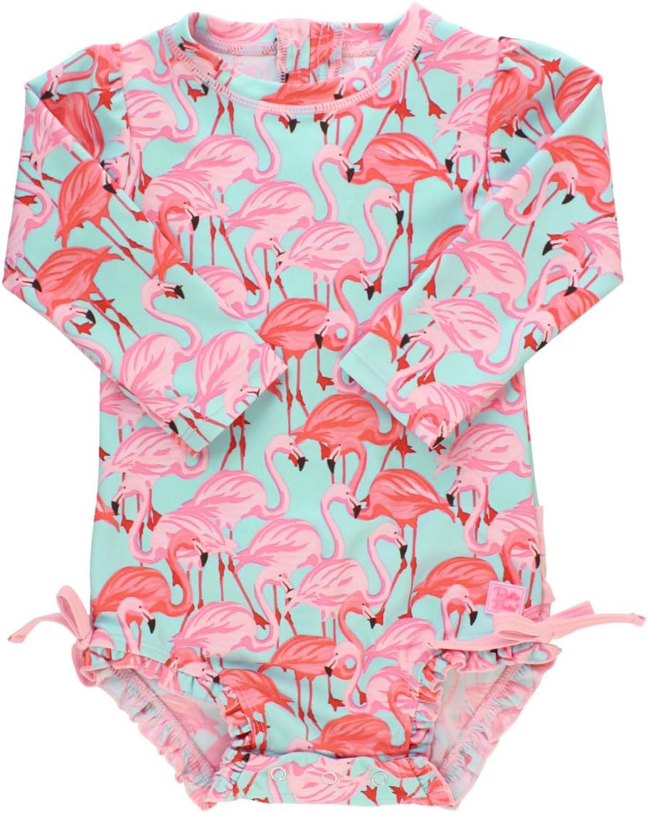 RuffleButts Baby Girls UPF 50+ Sun Protection Tropical Print Long Sleeve One Piece Rash Guard Swimsuit with Zipper - Fab Flamingo X, 3-6m