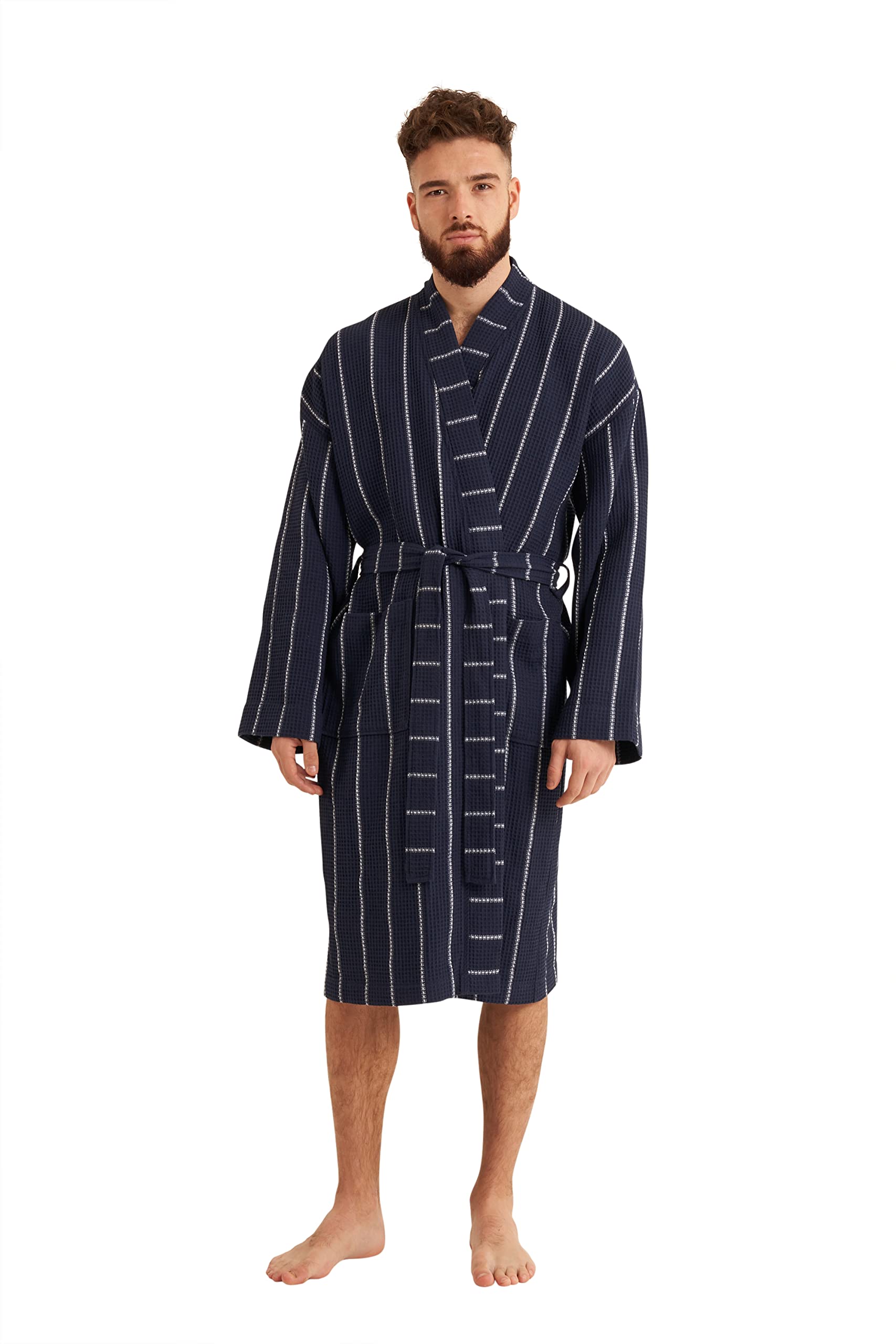 Cotton Trend Men's Navy Blue Stripe Waffle Dressing Gown 100% Turkish Cotton Lightweight Robe With Kimono Collar Bathrobe Luxury Soft Hotel Quality Knee Length Robe Loungewear Xl