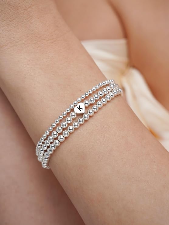 Sterling Silver Initial Bracelet for Women Letter A-Z Heart Bracelets Non Tarnish Christmas Birthday Gifts for Girls Mother Daughter Sister Friends Jewellery