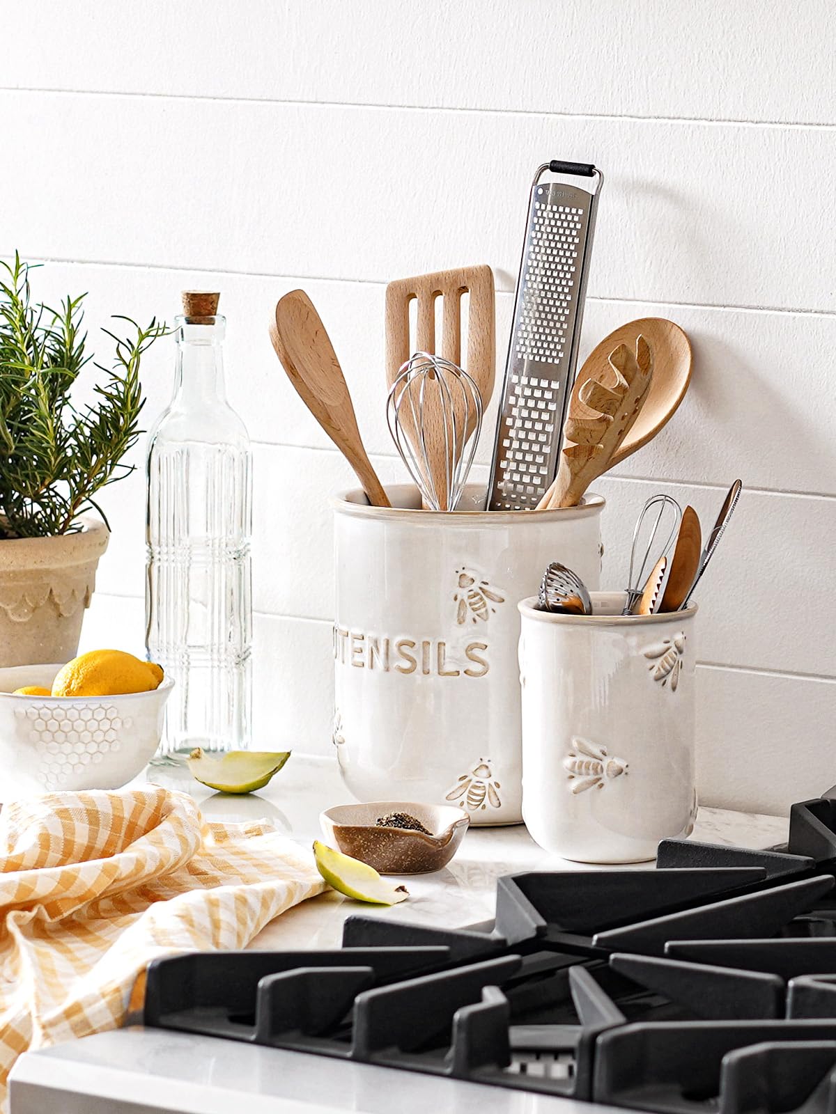 LE TAUCI Portautensili, 17,5 cm + 13,5 cm, in ceramica, per piano di lavoro, organizer per utensili da cucina in rilievo, per spatola e cucchiaio, decorazione da cucina, set di 2, bianco artico