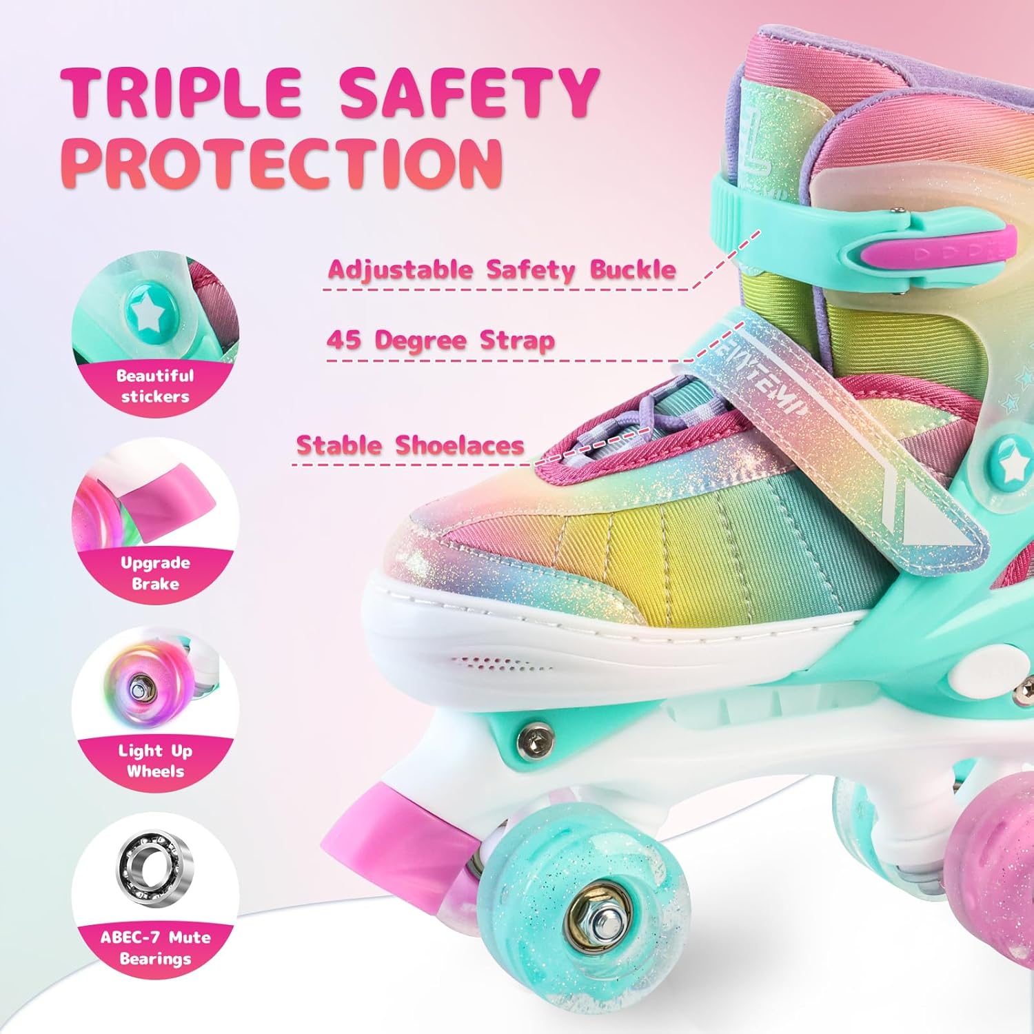 Rainbow Roller Skates for Girls Kids, Gradient Pink Purple 4 Size Adjustable Quad Skates Size XS S, M, L Ages 3-12 with All Light Up Wheels for Kids Youth Outdoor Indoor