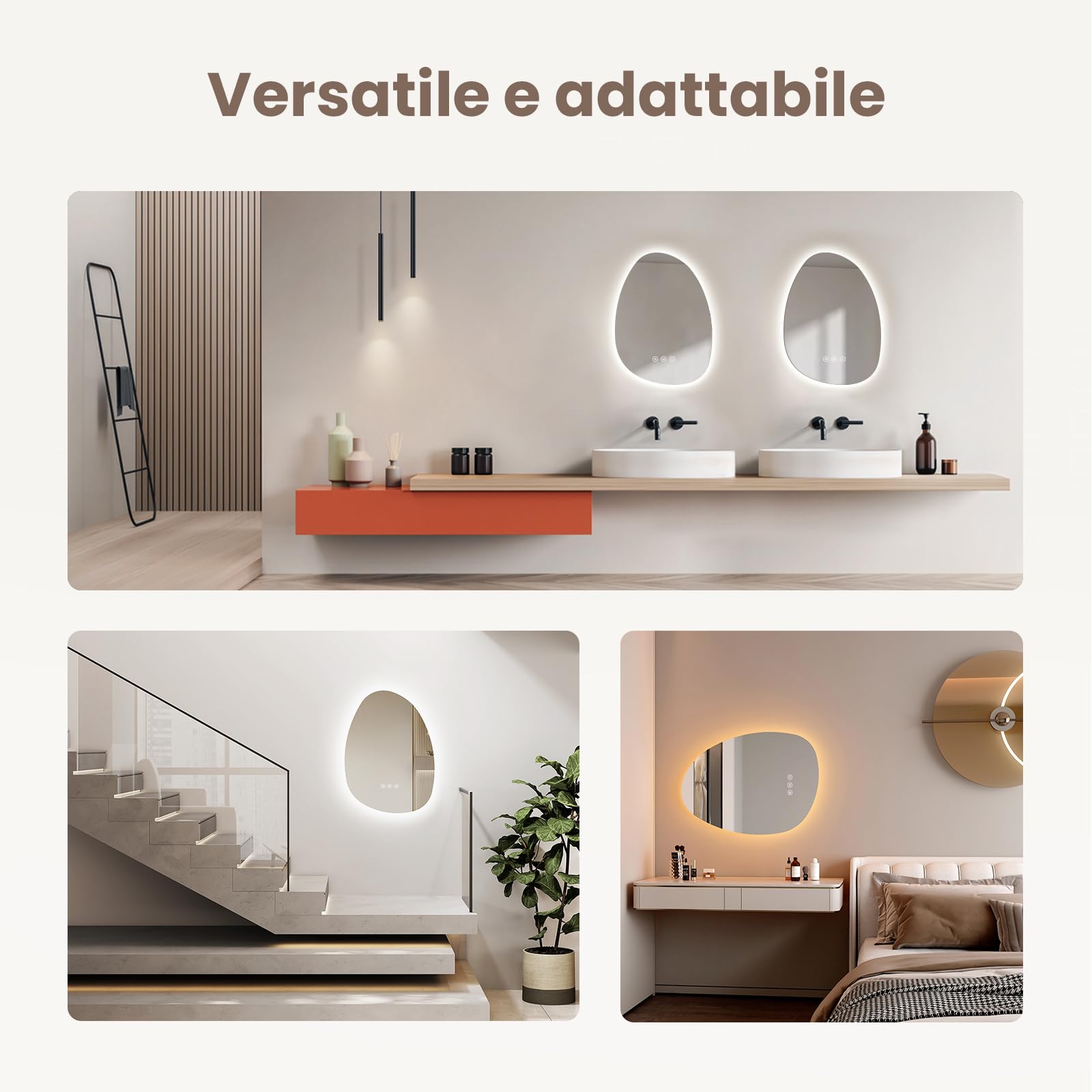 EMKE Specchio con illuminazione asimmetrica, 65 x 45 cm,anti-appannamento | specchio da bagno, interruttore touch, 3 colori di luce dimmerabili, specchio da bagno con illuminazione