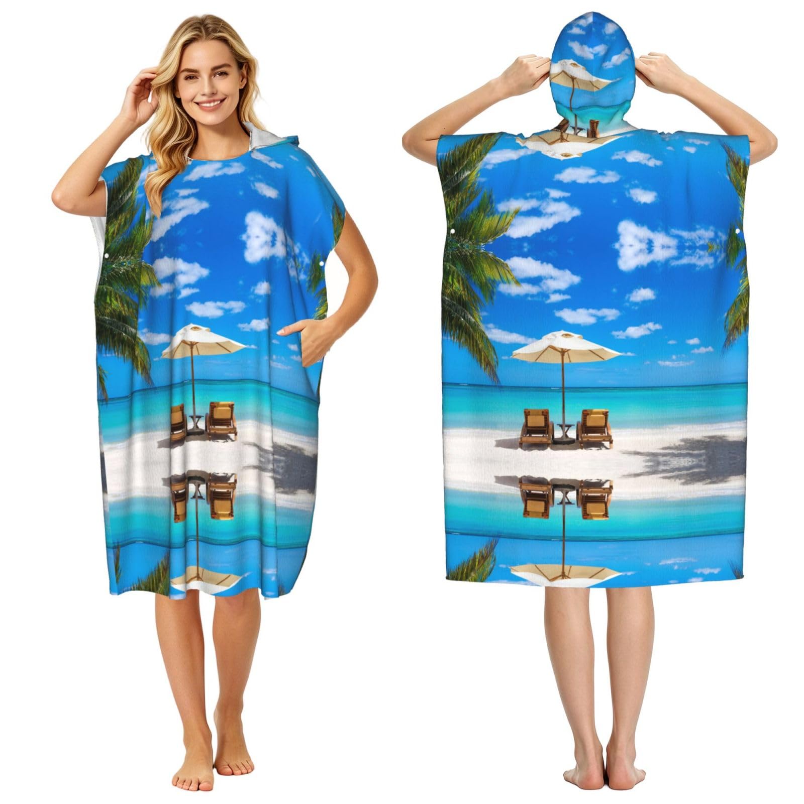 EZDLOWVBA Beach Palm Tree Print Hooded Poncho Microfiber Beach Towel,Adult Women & Men Changing Robe,Lightweight Summer Surf Swim Bath Poncho Towel