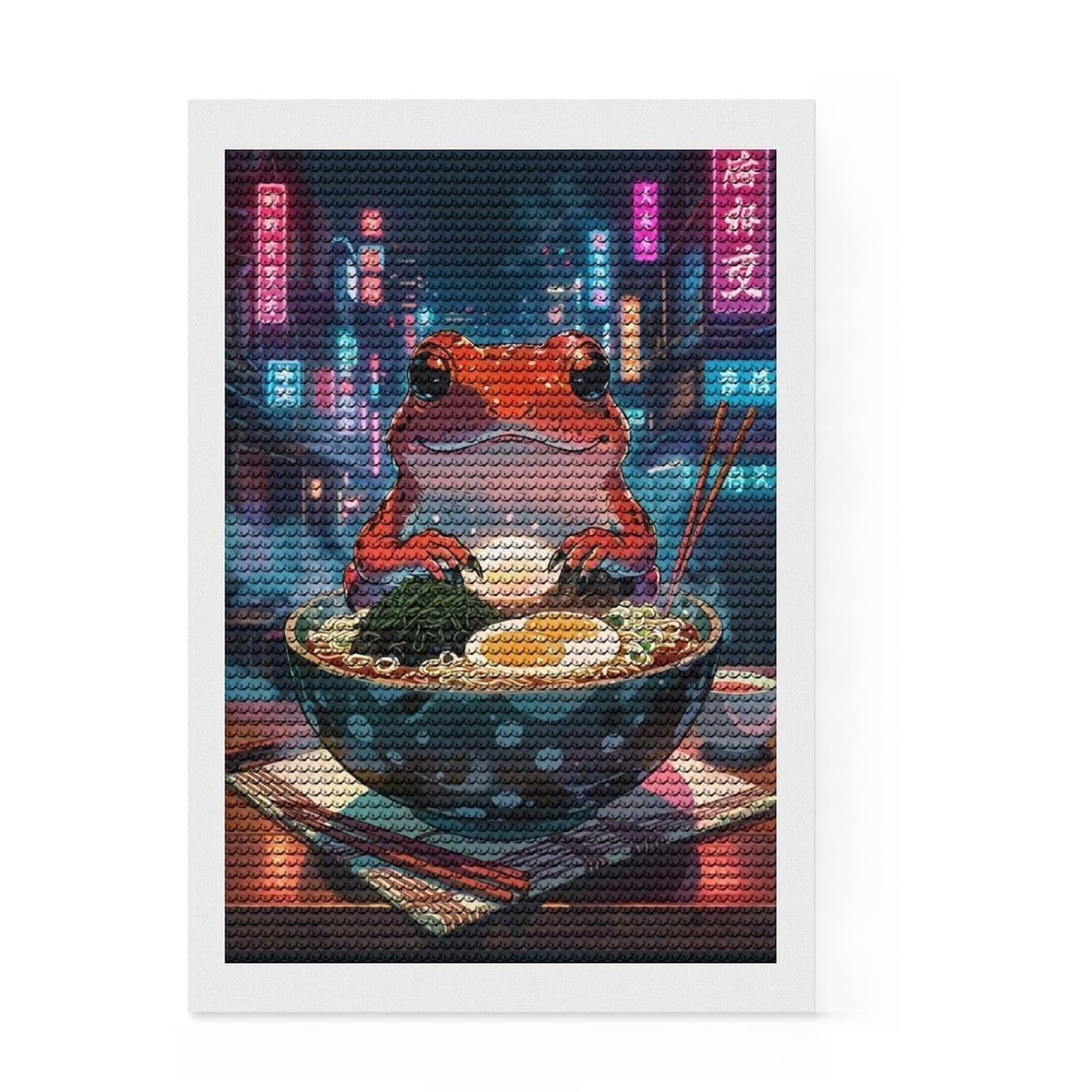 Junmoney Frog Eating Ramen Diamond Painting Kit 8"x12", Gift Idea, Stress Relief Craft, DIY Craft, Farmhouse Decor, Vintage Style Decor