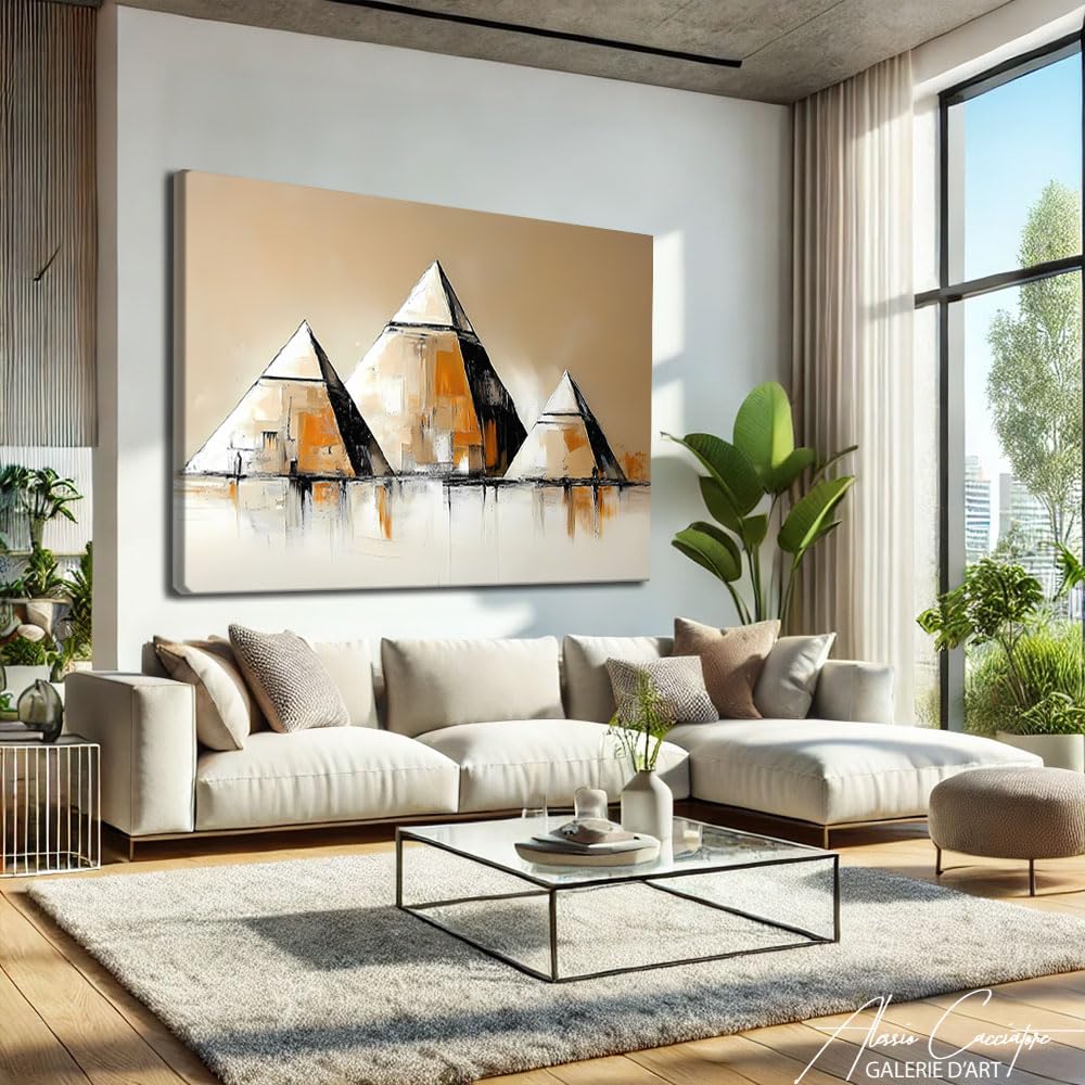 Cuadro egipcio Pirámide – Mural decorativo en Egipto – Lienzo impreso en pared, color beige – Deco de pared, elegante salón, – Cuadro egipcio – Impresión sobre lienzo – Idee Deco Bureau (80 x 60 cm)