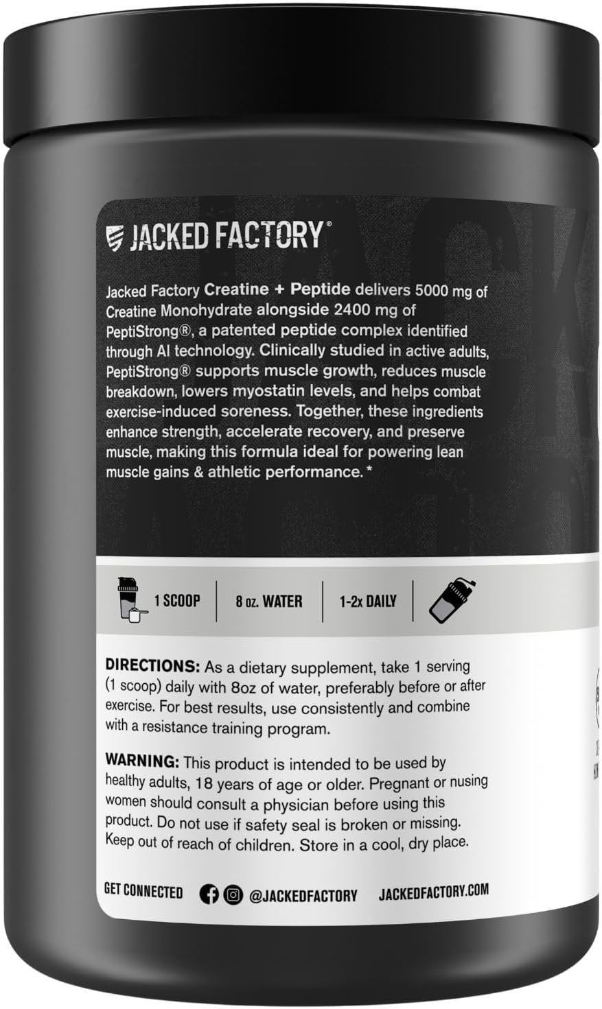 Jacked Factory Creatine + Peptides - Creatine Monohydrate and PeptiStrong Peptides for Muscle Growth and Reduced Muscle Breakdown - Unflavored - 50 Servings