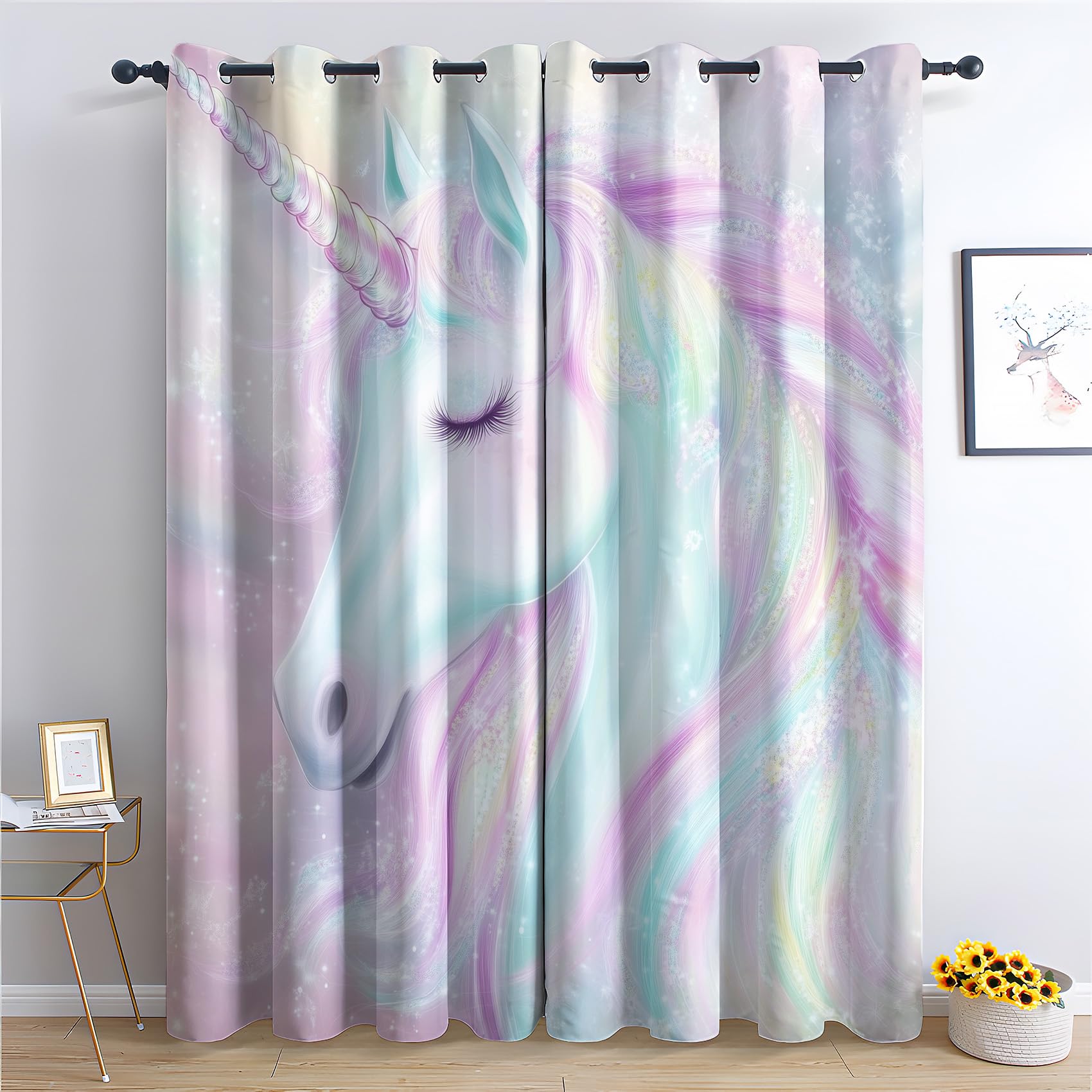 Venivici Girls Colorful Unicorn Blackout Curtains For Bedroom Living Room - 54 Inch Drop Curtains Eyelet, Rainbow Patterned Window Treatments, Thermal Insulated Drapes 46X54 2 Panels