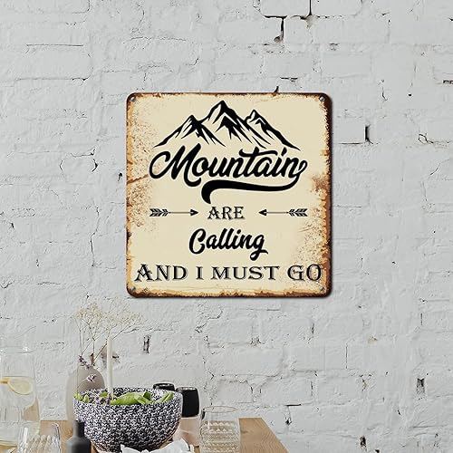 Miniatura 5 de ArogGeld The Mountains are Calling and I Must Go - Letrero de lata motivacional bíblico con texto en inglés "The Mountains are Calling and I Must