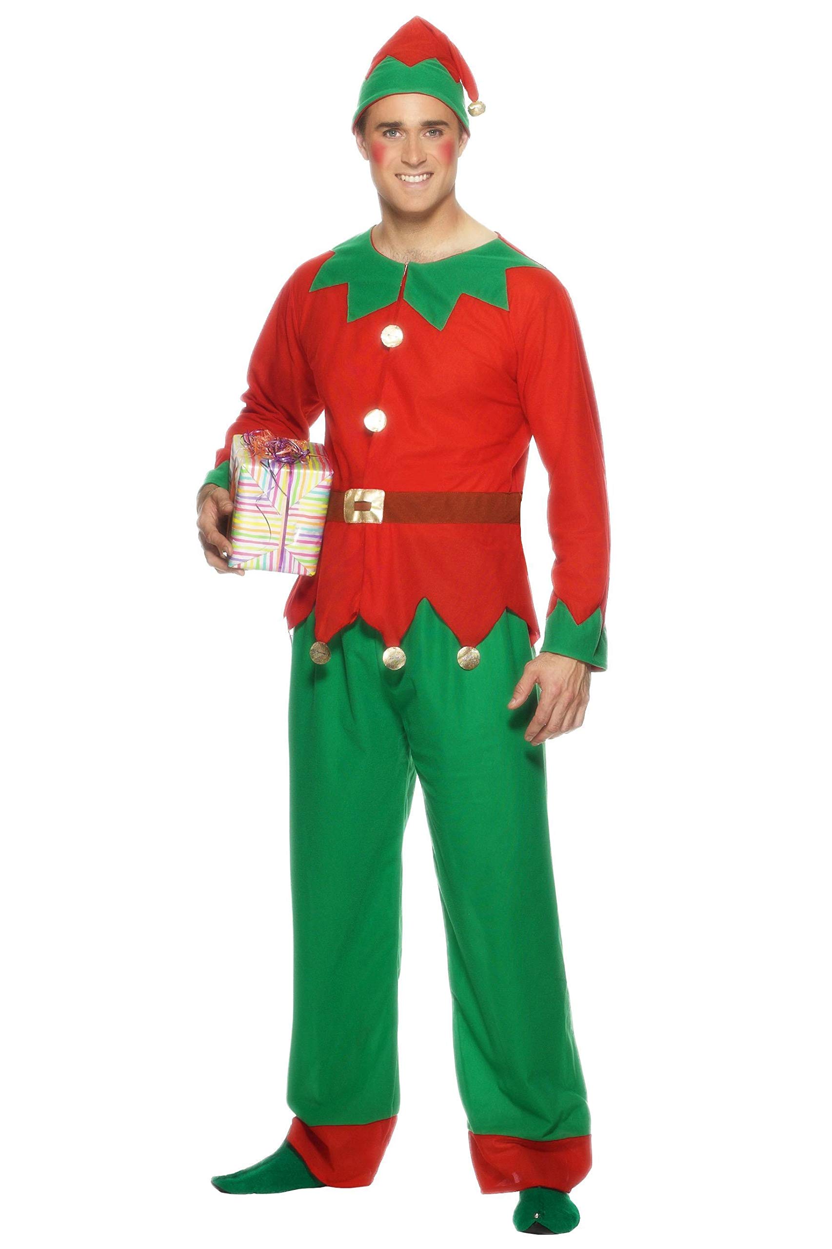 Smiffys Costume d'elfe rouge et vert avec haut, pantalon et chapeau, déguisement de Noël pour adulte