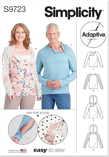 Simplicity Kit de patrón de costura unisex de doble puerto para quimioterapia y sudadera con capucha, código S9723, tallas XS-S-M-L-XL, multicolor