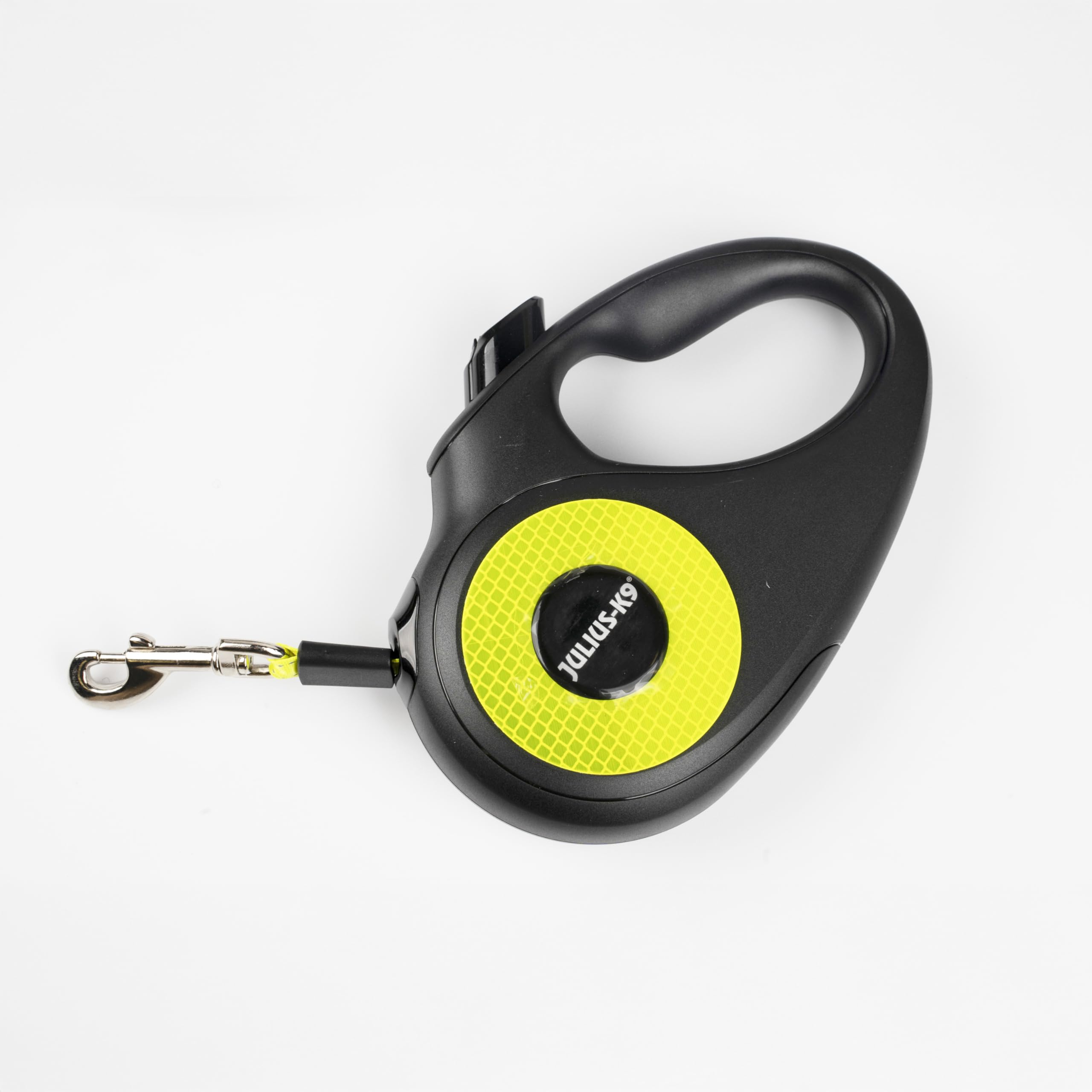 Julius-K9 Retractable Dog Lead, L - 5 m Tape, Black/Neon – anti-slip handle, ribbon leash, extandable, one handed brake, pause, lock, reflective ribbon, tangle free, heavy duty